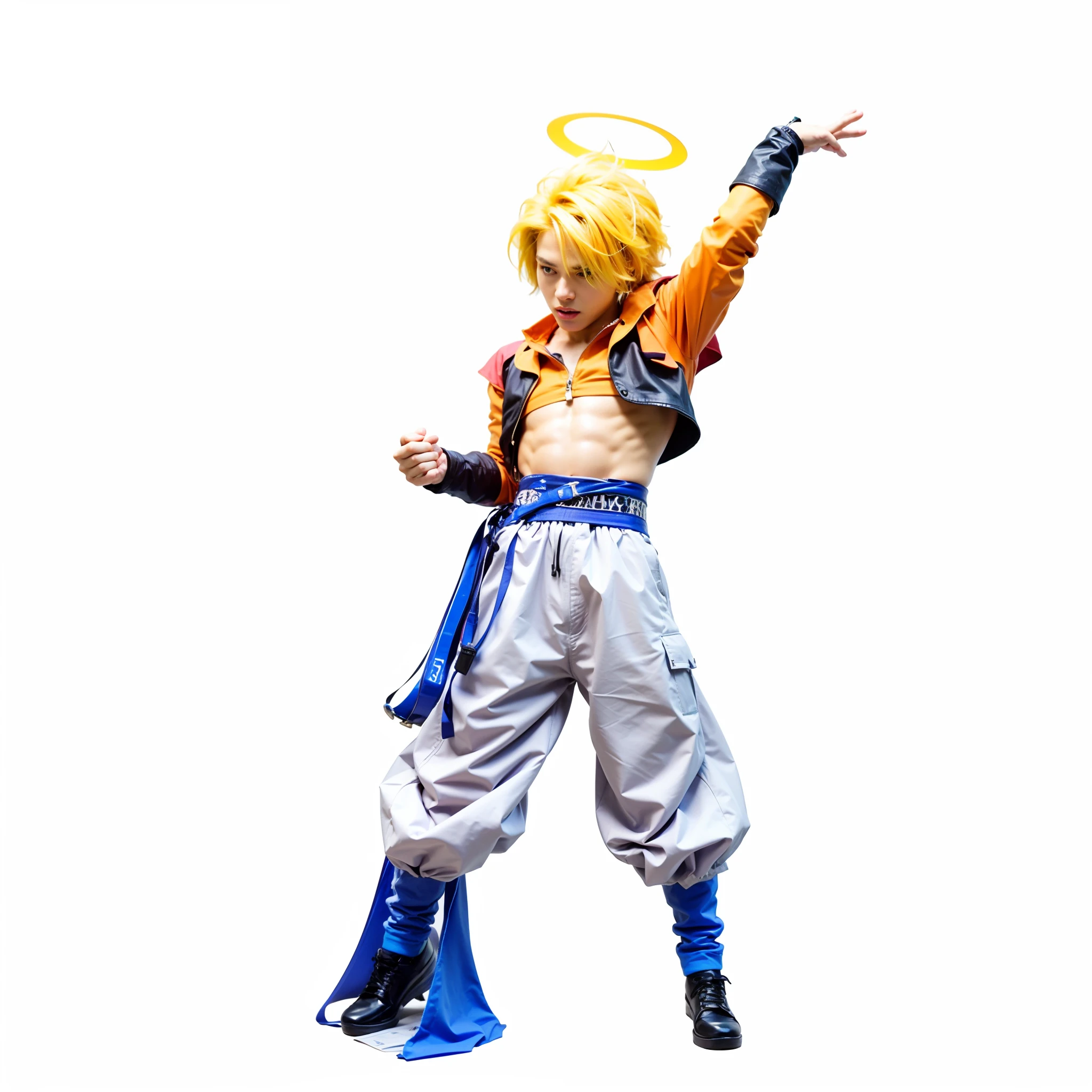 a male character, yellow hair, black leather vest with orange details, blue waist belt, white pants, black and blue sneakers, black leather bracelet