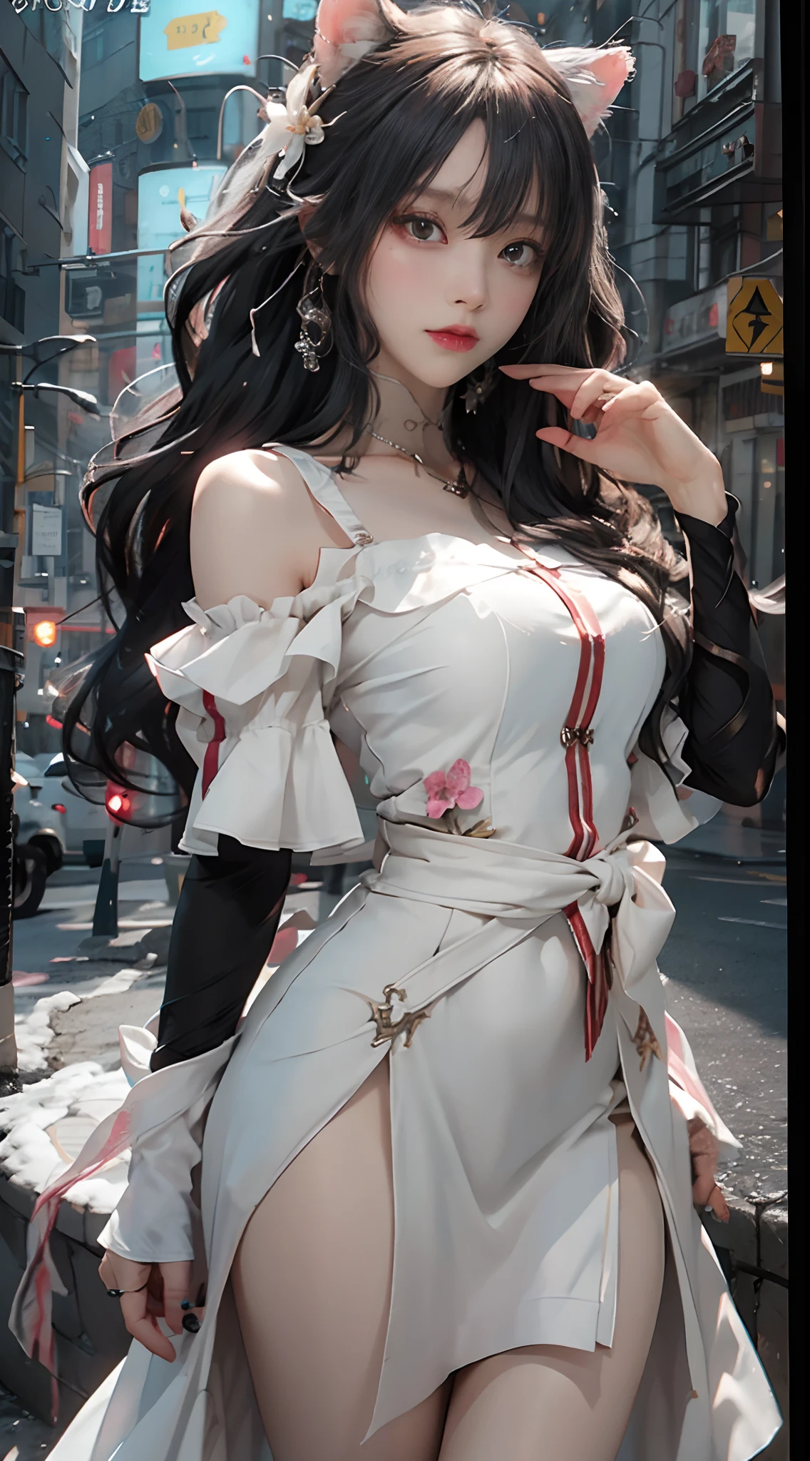 ((best qualtiy)), ((tmasterpiece)), (detail:1.4), Beautiful cyberpunk japanese woman image,, NFFSW(HighDynamicRange),Ray traching,NVIDIA RTX,Hyper-Resolution,illusory 5,Sub-surface scattering,PBR textures,post-proces,Anisotropy Filtering,depth of fields,maximum definition and sharpness,Many-Layer Textures,Albedo e mapas Speculares,Surface coloring,Mitsu-Accurate simulation of material interactions,perfectly proportioned,rendering by octane,Two-colored light,largeaperture,Low ISO,White balance,Rule three points、8K raw data、Beautiful bright red pupils,Off-the-shoulder clothing,Fine pupils,Light green gradient on pure black hair,Delicate face and eyes,with round face, drooing eyes, long eyelasher,Blushlush,Delicate and fluffy hair,cparted lips,Pure,Cute face,Sweet girl,Artistic sense,Casual wear,advanced sense,snowflower,Flower petals,snowflower, Bljaya snow background, Beautiful hair accessories,Long hair and waist,Hair fluttering in the wind,Snow White cat ears, curly