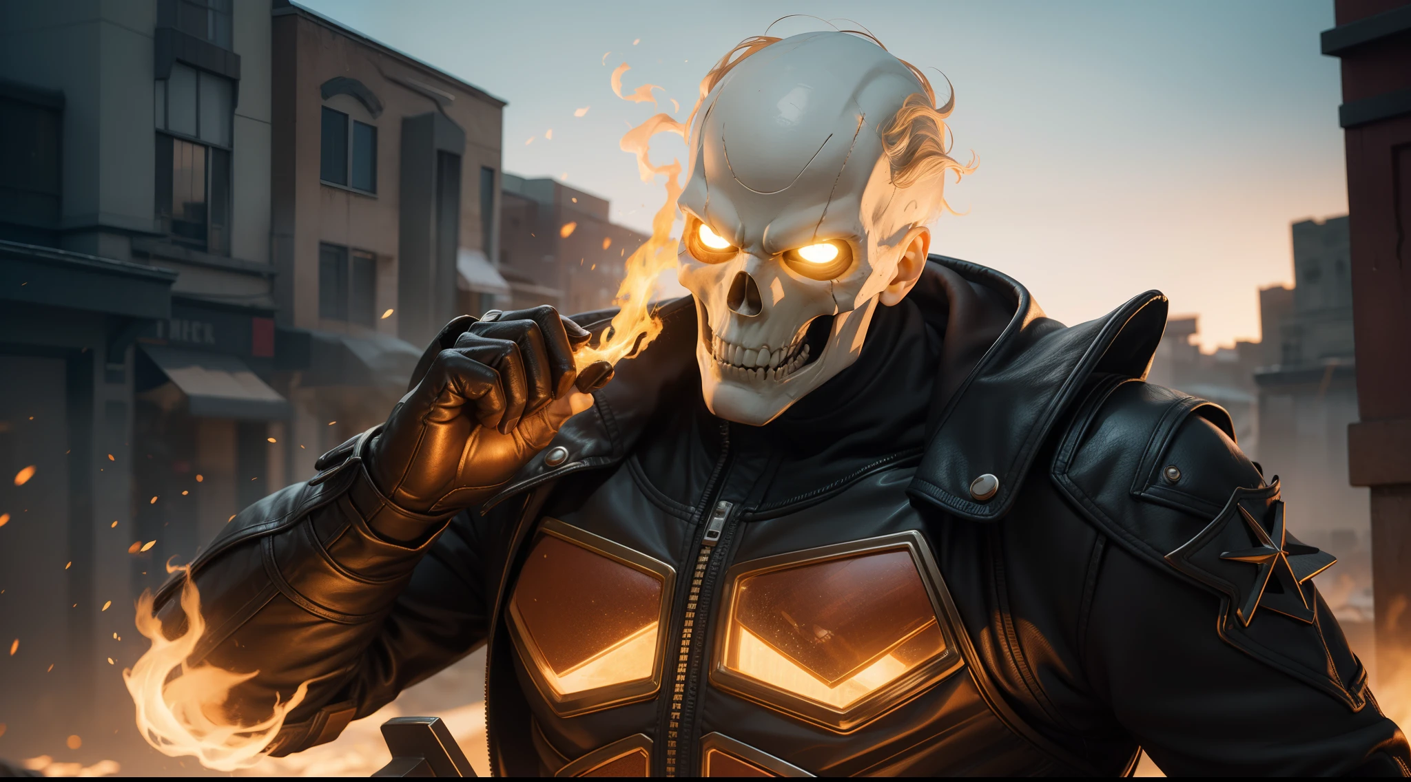 Ghost Rider from Marvel Comics, CGI with clear focus, Photorealistic, high detail, Realistic, Masterpiece, absurdress, Best Quality, HDR, hiquality, hight resolution, Extremely detailed, 8k wallpaper, intricate details, 8K UHD, Full-HD, (foto realista:1.2), Contrast, sharp lighting, Cinematic lighting, natural lighting, hard light, Backlighting, Global Illumination, Environment Occlusion