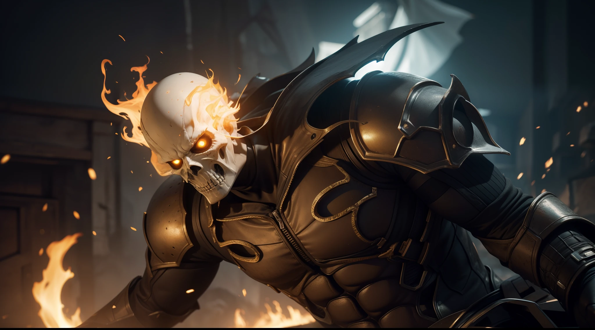 Ghost Rider from Marvel Comics, CGI with clear focus, Photorealistic, high detail, Realistic, Masterpiece, absurdress, Best Quality, HDR, hiquality, hight resolution, Extremely detailed, 8k wallpaper, intricate details, 8K UHD, Full-HD, (foto realista:1.2), Contrast, sharp lighting, Cinematic lighting, natural lighting, hard light, Backlighting, Global Illumination, Environment Occlusion