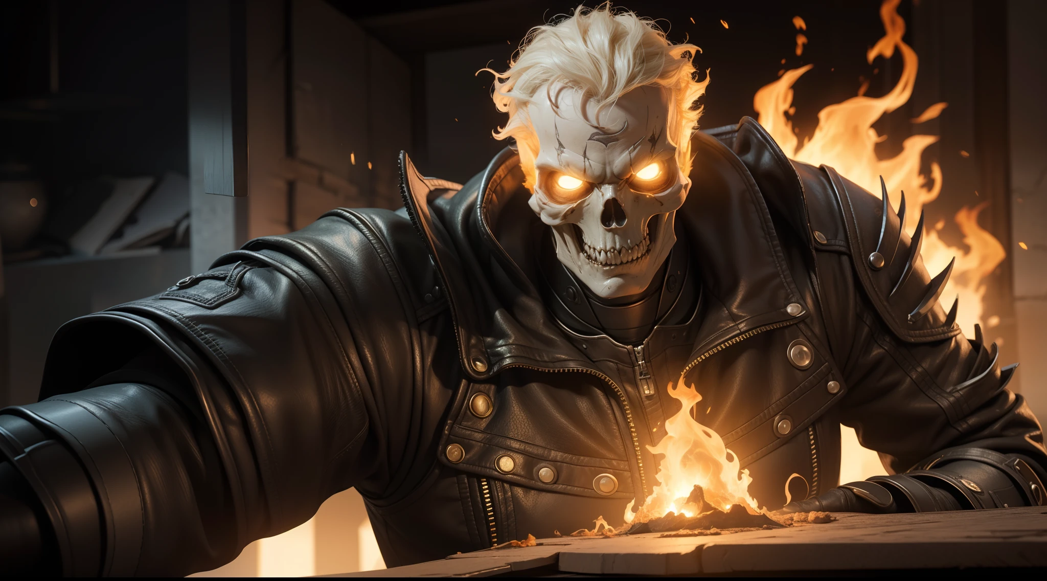 Ghost Rider from Marvel Comics, CGI with clear focus, Photorealistic, high detail, Realistic, Masterpiece, absurdress, Best Quality, HDR, hiquality, hight resolution, Extremely detailed, 8k wallpaper, intricate details, 8K UHD, Full-HD, (foto realista:1.2), Contrast, sharp lighting, Cinematic lighting, natural lighting, hard light, Backlighting, Global Illumination, Environment Occlusion