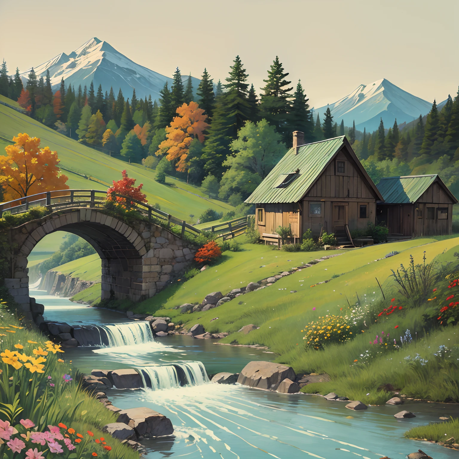 Rural house and bridge drawing, colored sketch, Hilarious scenes, Humorous cartoons, colored sketch, Landscape art, ink and watercolor painting, Color Key Scene, Art Station Landscape, Detailed landscape art, Inspired by Will Cap, Inspired by autumn, colourful drawing, Set up drawings, In stark contrast, Thousands of colorful flowers scattered on the ground, Rich in detail, Beautiful tree full of green leaves, Mill with detailed background, Mountain on foggy background々, Green river passing under a rusty bridge! (((32K resolution))).
