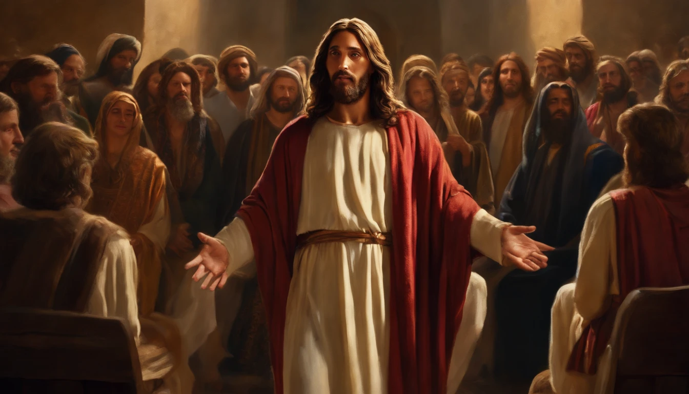 jesus,nicodemo,traditional,religious,painting,oil,painterly technique,expressive brushstrokes,dramatic lighting,faith symbols,emotional,religious devotion,cross,detailed faces,sacred atmosphere,vivid colors,divine illumination,heavenly aura,deep shadows,holy figures,masterpiece:1.2,realistic,highres,ultra-detailed