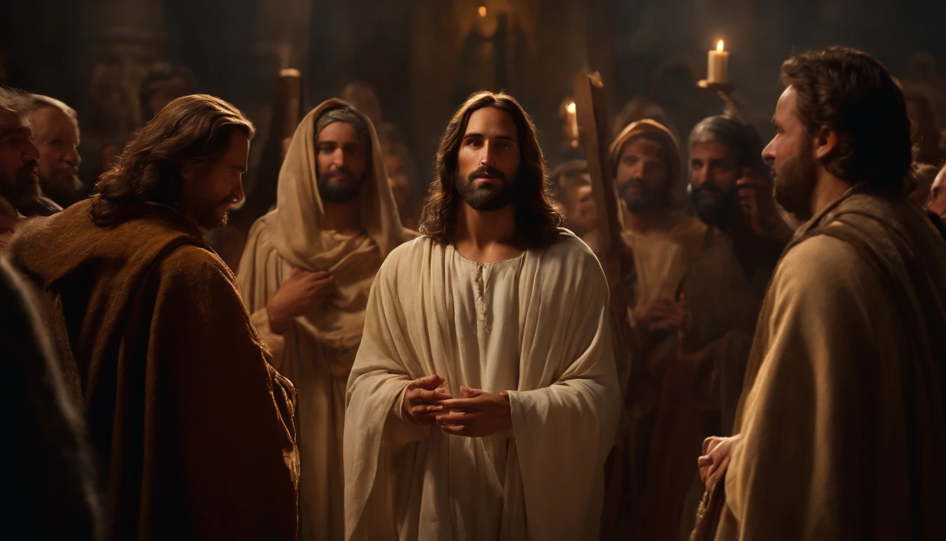 jesus,nicodemo,traditional,religious,painting,oil,painterly technique,expressive brushstrokes,dramatic lighting,faith symbols,emotional,religious devotion,cross,detailed faces,sacred atmosphere,vivid colors,divine illumination,heavenly aura,deep shadows,holy figures,masterpiece:1.2,realistic,highres,ultra-detailed