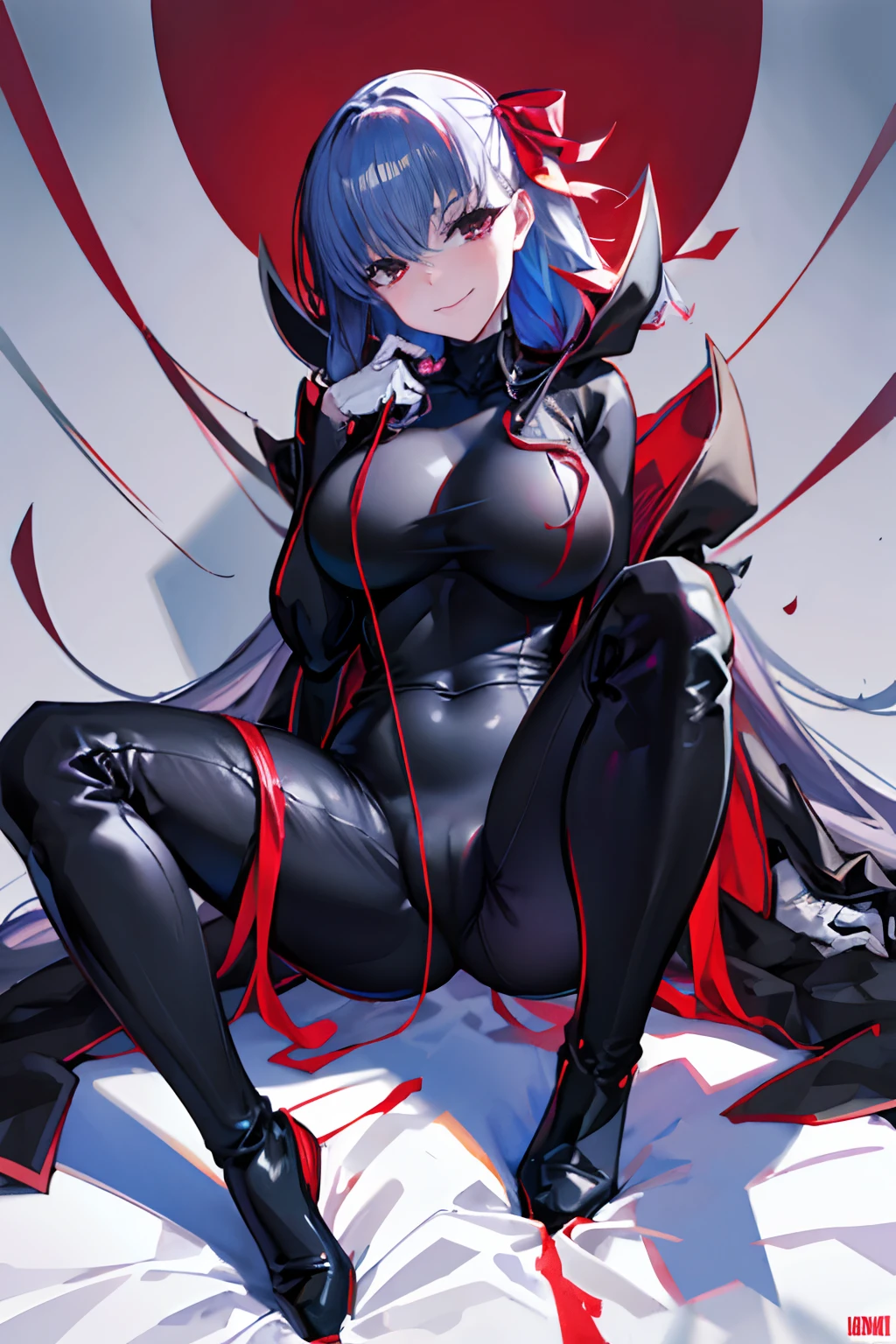 Black full body suit Red lines all over the body huge tit Big ass Whip thighs seductiv a smile succubus Sit up