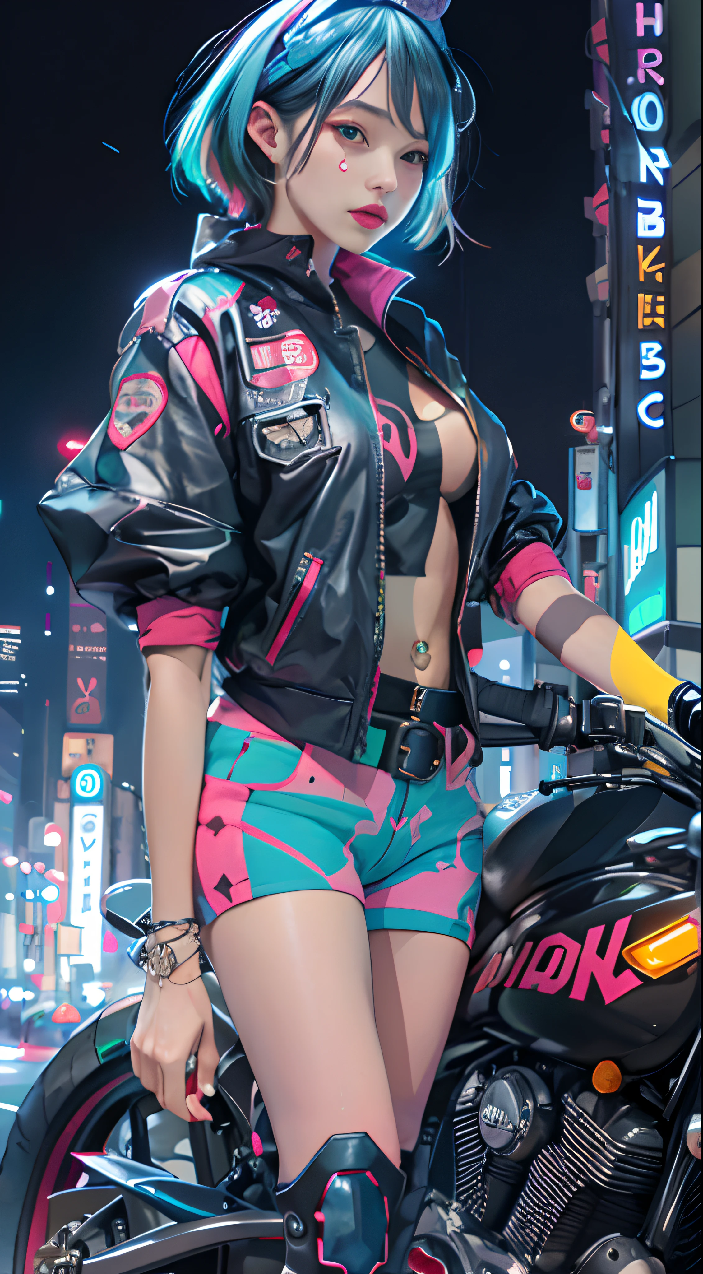 masterpiece, best quality, Confident cyberpunk girl, full body shot, ((standing in front of motorcycle)), Harajuku-inspired pop outfit, bold colors and patterns, eye-catching accessories, trendy and innovative hairstyle, vibrant makeup, Cyberpunk dazzling cityscape, skyscrapers, neon signs, LED lights, bright and vivid color scheme, anime, illustration, detailed skin texture, detailed cloth texture, beautiful detailed face, intricate details, ultra detailed.