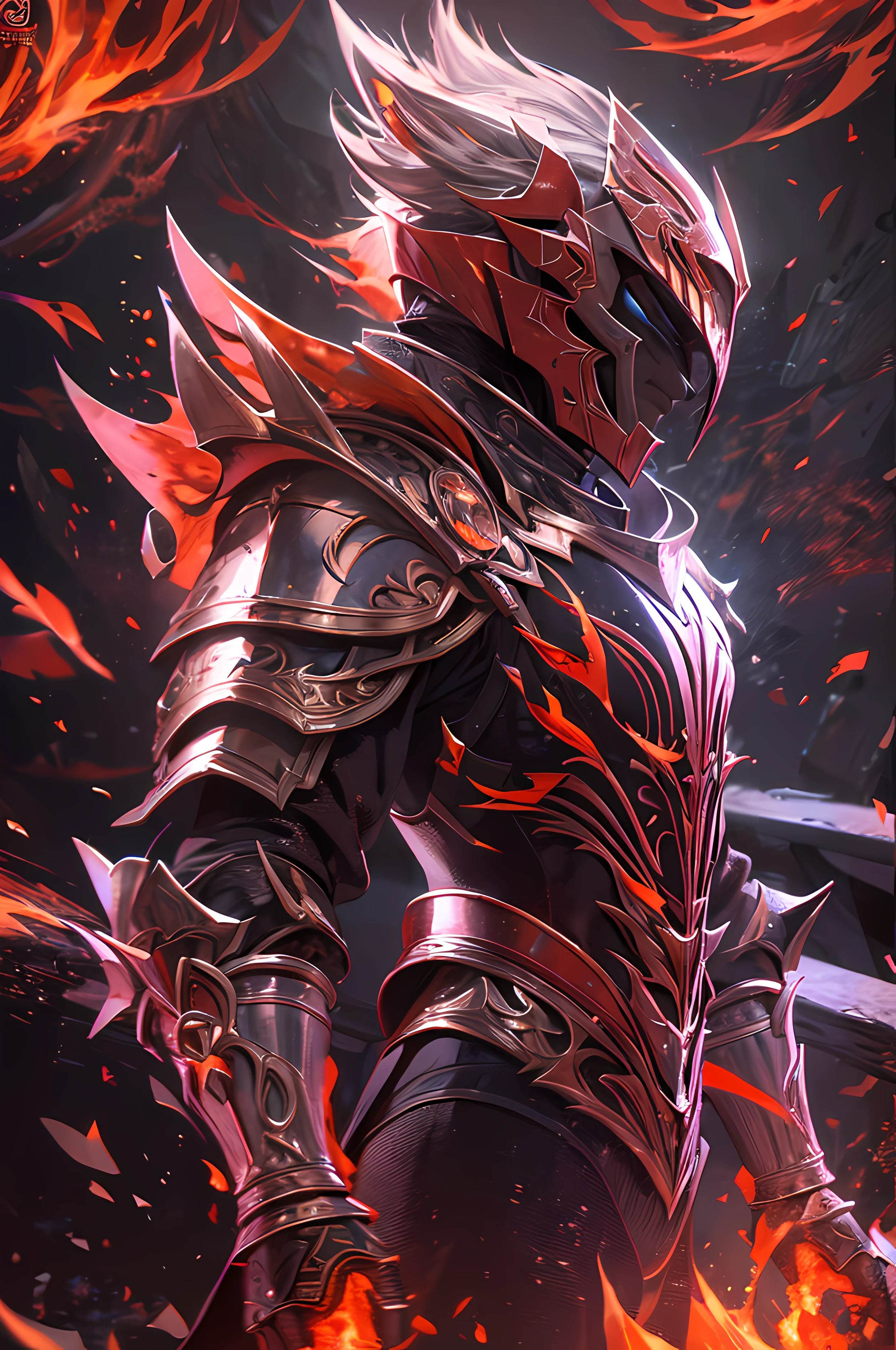Fire knight, fine armor, intricate design, blazing red details, silk, cinematic lighting, 4k, floating hair, sharp, prism, shining knight