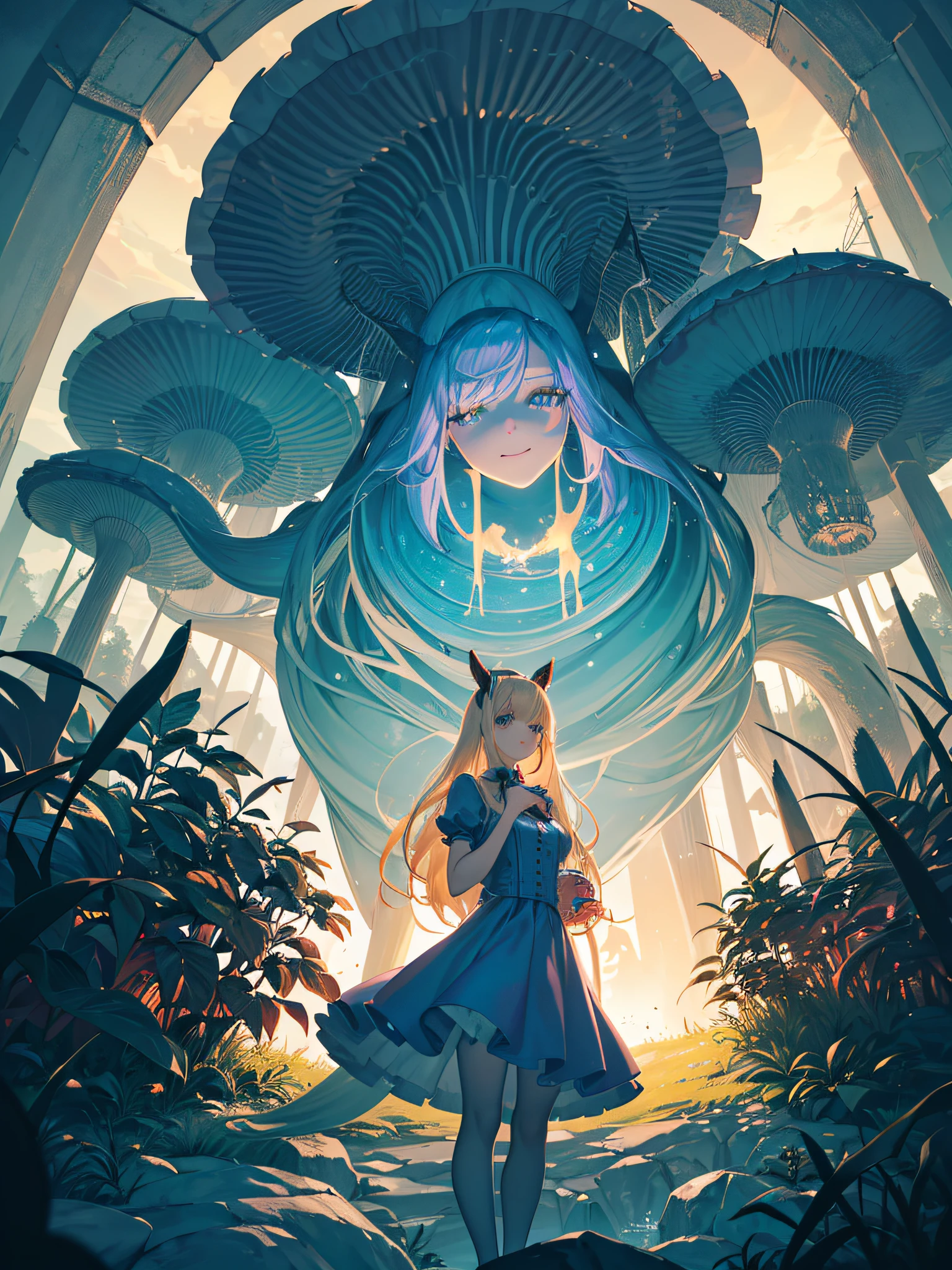 Alice in Wonderland, at her side a Cheshire cat with a translucent devilish smile floating, Alice with long blonde hair, moving hair, tattoo on her body, medium breasts, BREAK, scenes with sinister trees where the branches are braided, perfect reflections , giant mushrooms, very purple very black, bipedal rabbit holding a pocket watch and wearing a blue button-down shirt, (ultra-realistic), {extremely detailed 8k CG unit wallpaper}, expansive landscape photography, (a centralized view that prioritizes the character and the scenery, (wide open field view), (low angle photo), (high light: 1.5), (low light: 1.5), (warm light source: 1.5), details complex, (iridescent colors: 1.2), (bright lighting), (atmospheric lighting), surrealistic, dreamy, landscape, photography