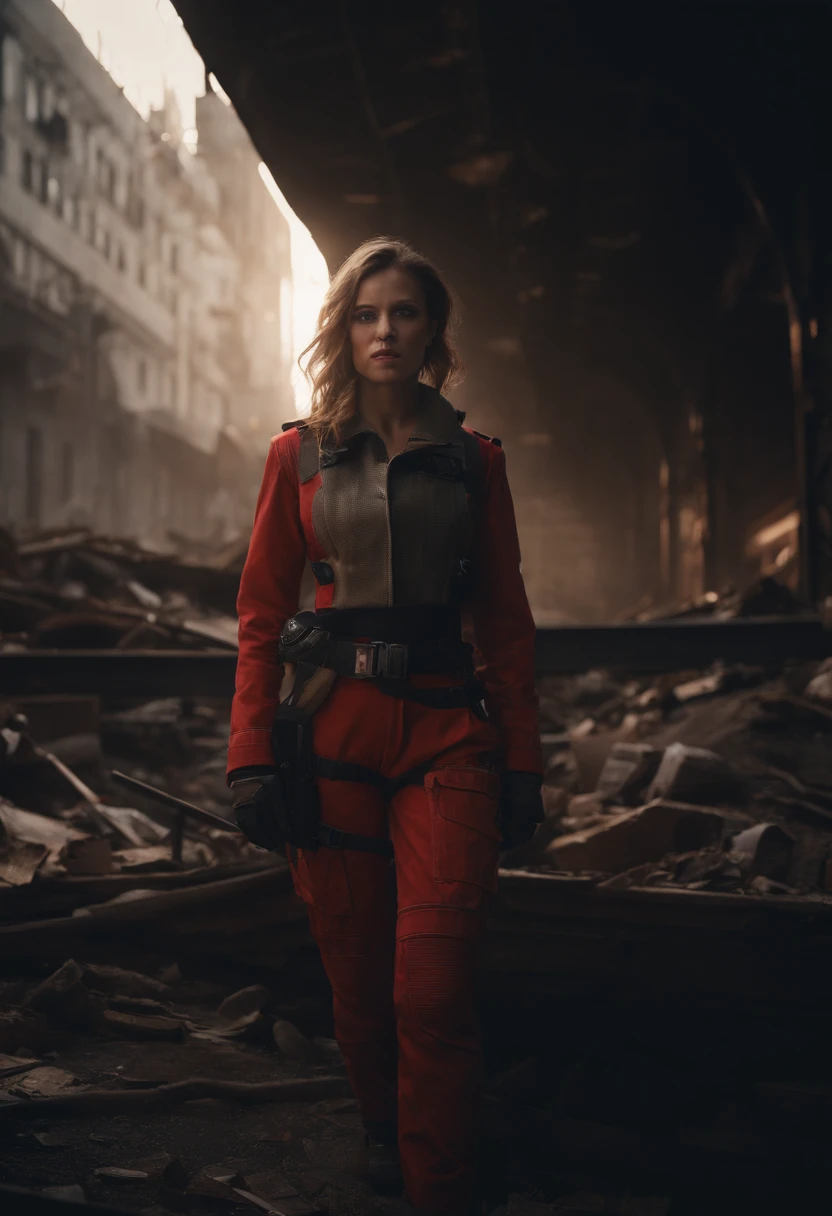 Best Quality,4K,8K,hight resolution,masutepiece:1.2,Ultra-detailed,Realistic,Photorealistic:1.37,Power Suit,Ruined Future City,dystopian,Red Power Suit:1.1,angry expressions,18year old,180 cm tall,Heavily armed,Beautiful Girl,Abandoned buildings,wreckage,Infrastructure is collapsing,advanced technique,glowing symbols,post apocalyptic atmosphere,nffsw,nffsw,Studio Lighting,Sharp Focus,Physically-based rendering,extreme detail description,Professional,Vivid colors,Bokeh,Dark color palette,intense shadow,Dramatic Lighting