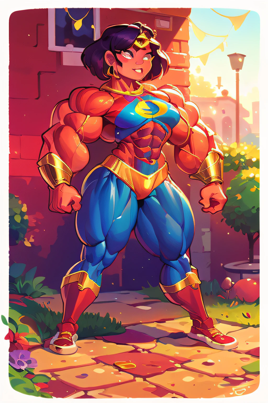 Mexican muscle woman flexing muscles wearing gold superhero outfit, muscle woman, big muscles, huge muscles, massive muscles, mature woman