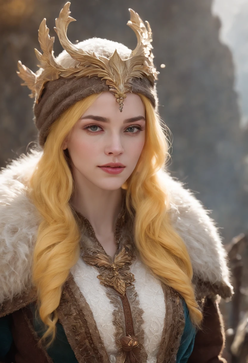 Young woman,Yellow hair, Fluffy clothes and fluffy hats, fantasy character art, Awesome character art, Epic fantasy character art, hd fantasy art, epic exquisite character art, Realistic fantasy artwork, Fantasy Woman, Epic fantasy art style HD, fantasy character, digital fantasy art), fantasy style art, detailed fantasy art, High quality fantasy art, fantasyoutfit, Digital 2D fantasy art