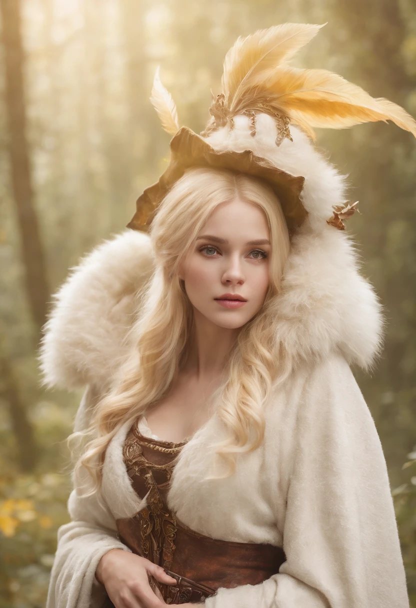 Young woman，Yellow hair, Fluffy clothes and fluffy hats, fantasy character art, Awesome character art, Epic fantasy character art, hd fantasy art, epic exquisite  character art, Realistic fantasy artwork, Fantasy Woman, Epic fantasy art style HD, fantasy character, digital fantasy art), fantasy style art, detailed fantasy art, High quality fantasy art, fantasyoutfit, Digital 2D fantasy art