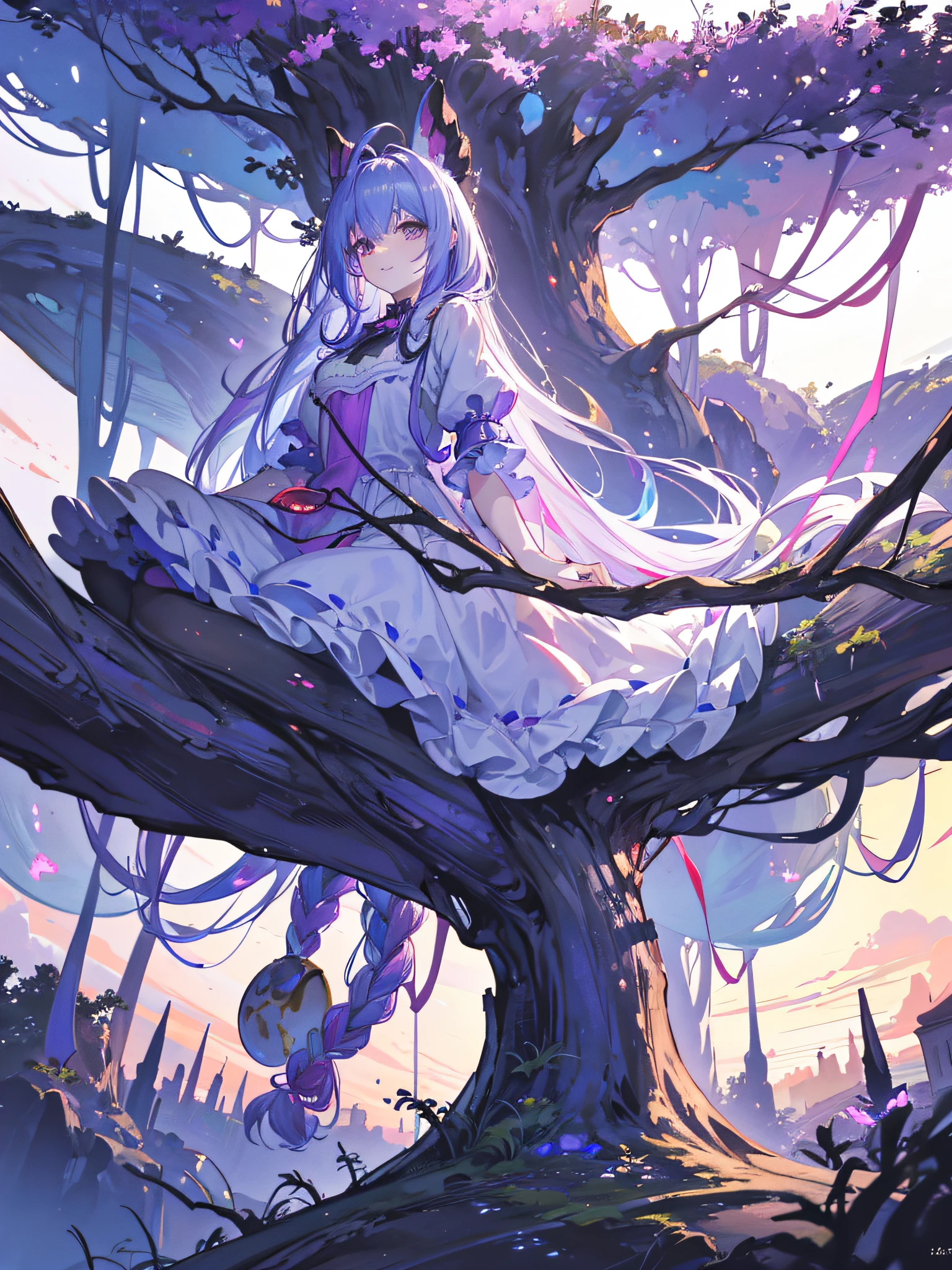 Alice in Wonderland, at her side a Cheshire cat with a translucent devilish smile floating, Alice with long hair, moving hair, tattoo on her body, medium breasts, BREAK, scenes with sinister trees where the branches are braided, perfect reflections , giant mushrooms, very purple very black, bipedal rabbit holding a pocket watch and wearing a blue button-down shirt, (ultra-realistic), {extremely detailed 8k CG unit wallpaper}, expansive landscape photography, (a centralized view that prioritizes the character and the scenery, (wide open field view), (low angle photo), (high light: 1.5), (low light: 1.5), (warm light source: 1.5), details complex, (iridescent colors: 1.2), (bright lighting), (atmospheric lighting), surrealistic, dreamy, landscape, photography