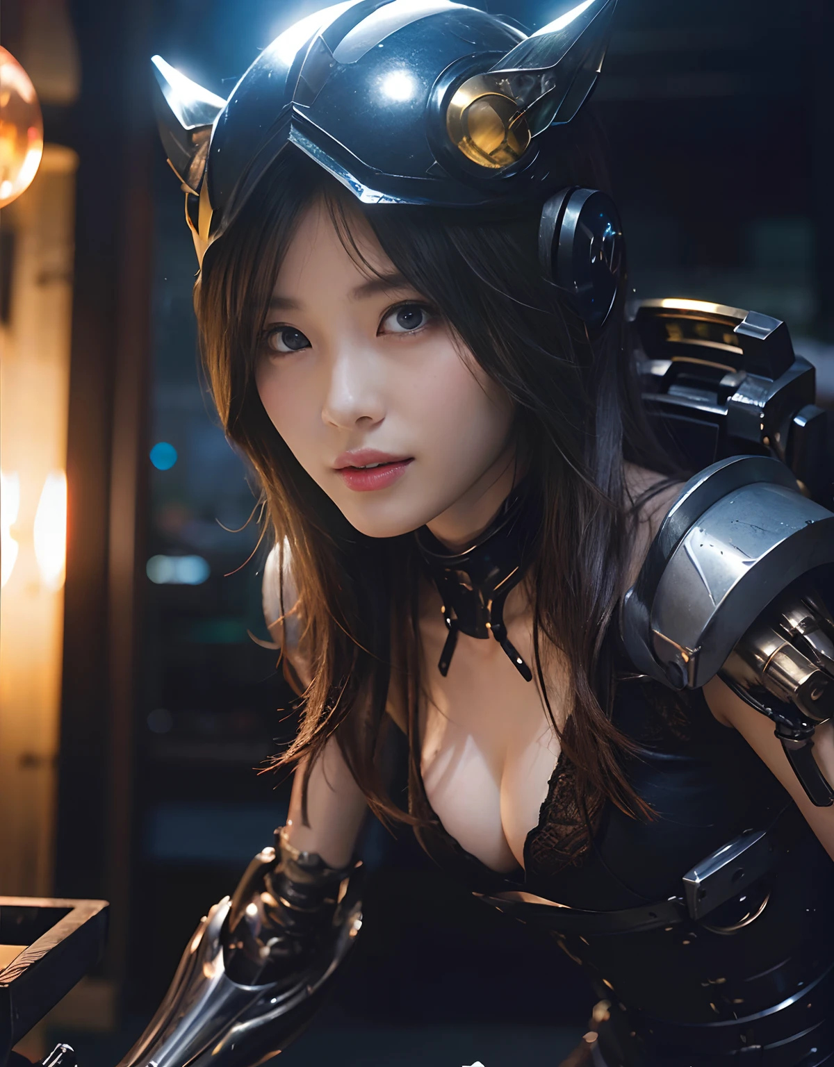 (Fierce battle with demonic beasts)、top-quality、masterpiece、超A high resolution、(Photorealsitic:1.4)、Raw photo、1人、Devil's Bodysuit、glowy skin、(((1 Mechanical Girl)))、With a beautiful knife、(Blue Metal Bodysuit)、(Please wear a mechanical helmet)、(beautiful forest background)、Precipitous cliffs、(Small LED)、((super realistic details))、portlate、globalillumination、Shadow、octan render、(One-Eyed Scouter)、8K、ultrasharp、Colossal tits、Raw skin is exposed in cleavage、metals、Details of complex ornaments、Japan details、highly intricate detail、Realistic light、CGSoation Trends、Red Eyes、radiant eyes、Facing the camera、(Fierce battle with aliens)neon details、(Mechanical limbs)、(blood vessels connected to tubes)、Mechanical vertebrae attached to the back、mechanical cervical attaching to neck、(Wires and cables connecting to the head)、Gundam、Small LED、,Mechanical thighs、Toostock、(Hands are also made of machines)、(Please wear a mechanical helmet)、(Fierce battle with aliens)、