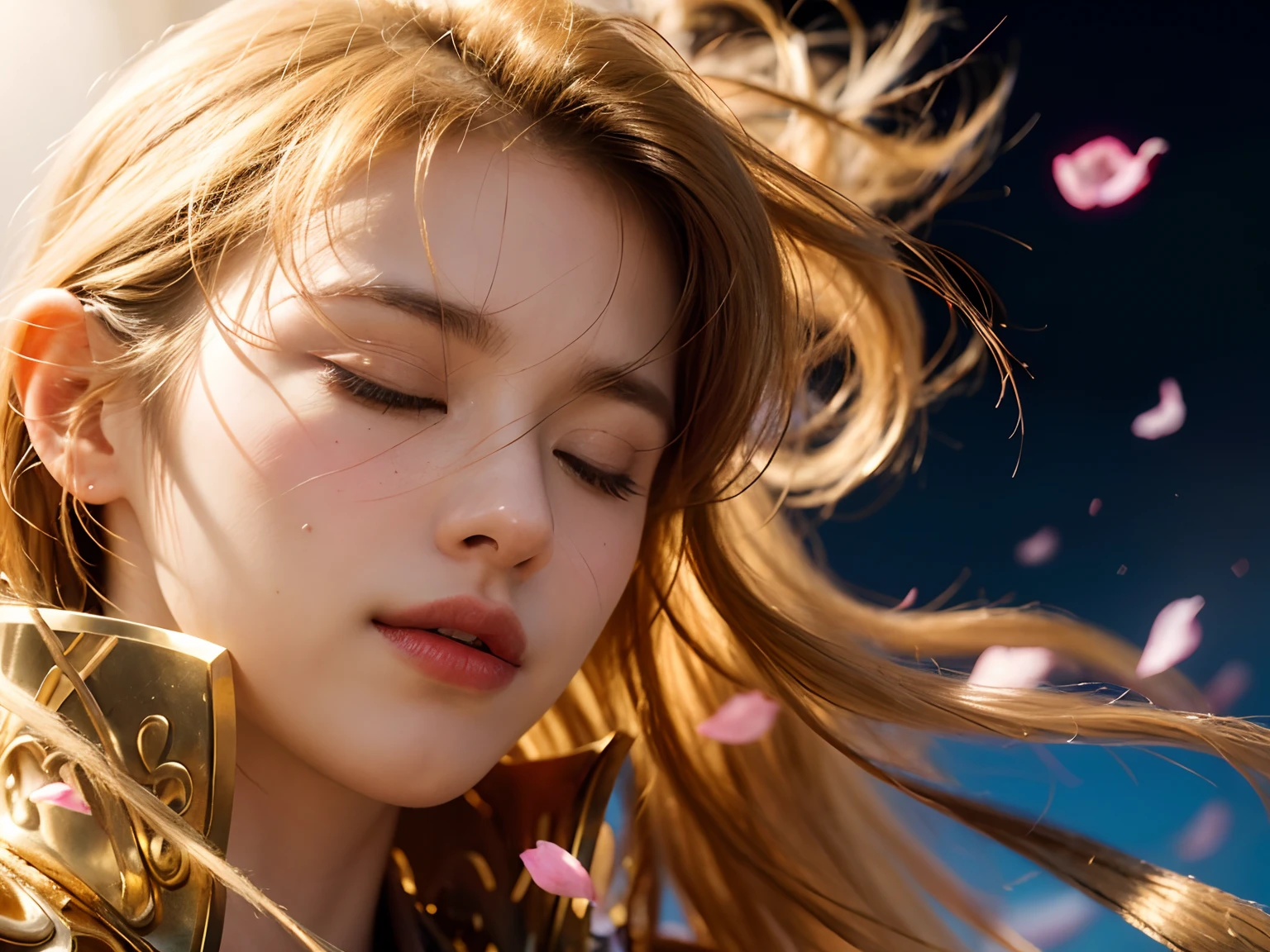(masterpiece), (best quality), of a young (man), closeup portrait, man, 1boy, 35 years old, closed eyes, big eyes, detailed face, impotent, reflexive, ((masculine face)), ((male traces)), ((man features)), wearing golden armor, detailed armor, blond golden hair, long hair, straight hair, bands, hair blowing in the wind, noble, radiant, white skin, dramatic lighting, 4k, hdr, detailed skin, bands, rose petals flowing around him.