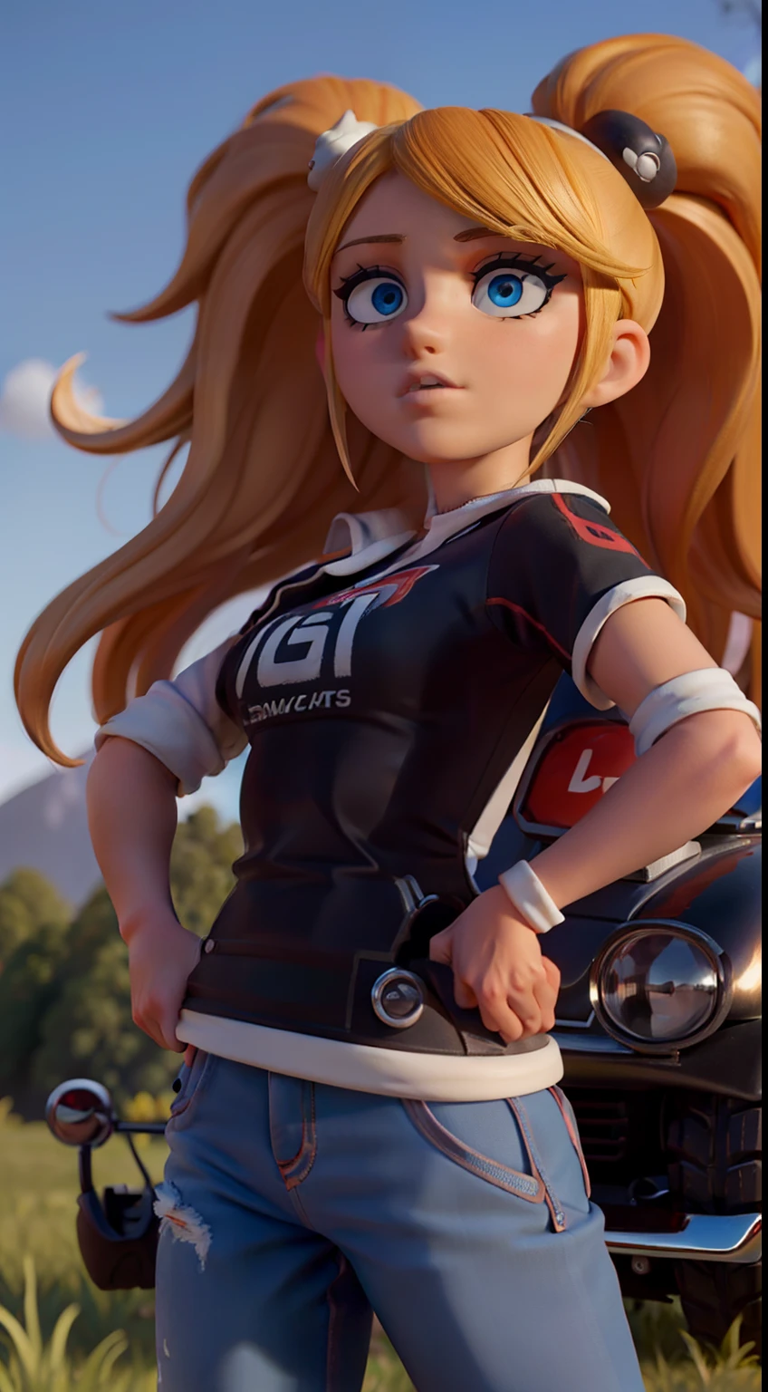1chicas hermosa blonde con ojos azul, con ropa deportiva tipo de carreas arriba de un automovil blanco con negro estilo cartoon color morado con toques rosas y de fondo en una autopista estilo cartoon muy similar a CTR de crash team racing, con un toque muy disney, autos de carreras, arriba de un auto, fondo en un bosque con carretera, auto color negro con rojo