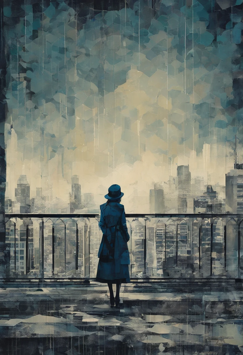 Create a painting that captures the profound loneliness of a solitary figure in a nocturnal urban setting. Use shades of blue and gray to convey the feeling of sadness and isolation. Make the figure curved, olhando para baixo, with her shoulders slumped and rain falling around her. Deixe transparecer a saudade e a melancolia no rosto da figura, and make the cityscape in the background look desolate and empty, with tall buildings and elongated shadows. The work should evoke a deep sense of despair and the loneliness of city life."