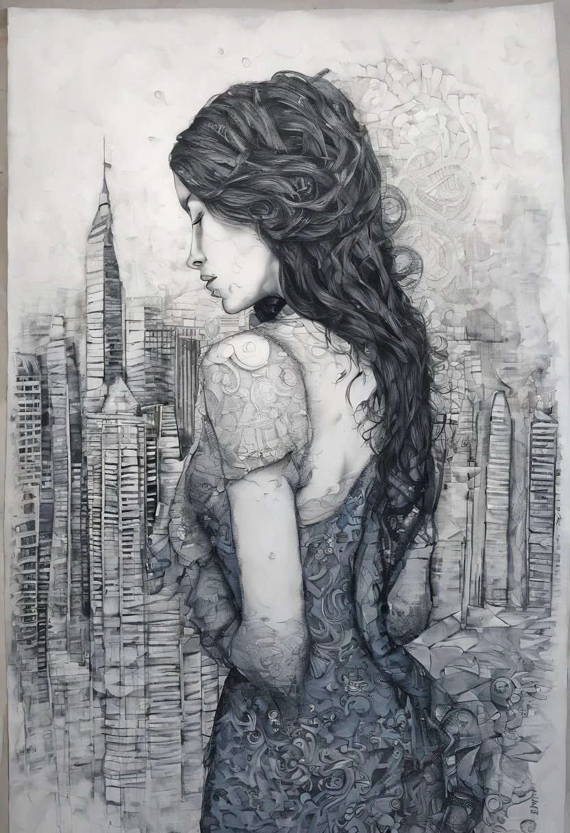 Create a painting that captures the profound loneliness of a solitary figure in a nocturnal urban setting. Use shades of blue and gray to convey the feeling of sadness and isolation. Make the figure curved, olhando para baixo, with her shoulders slumped and rain falling around her. Deixe transparecer a saudade e a melancolia no rosto da figura, and make the cityscape in the background look desolate and empty, with tall buildings and elongated shadows. The work should evoke a deep sense of despair and the loneliness of city life."