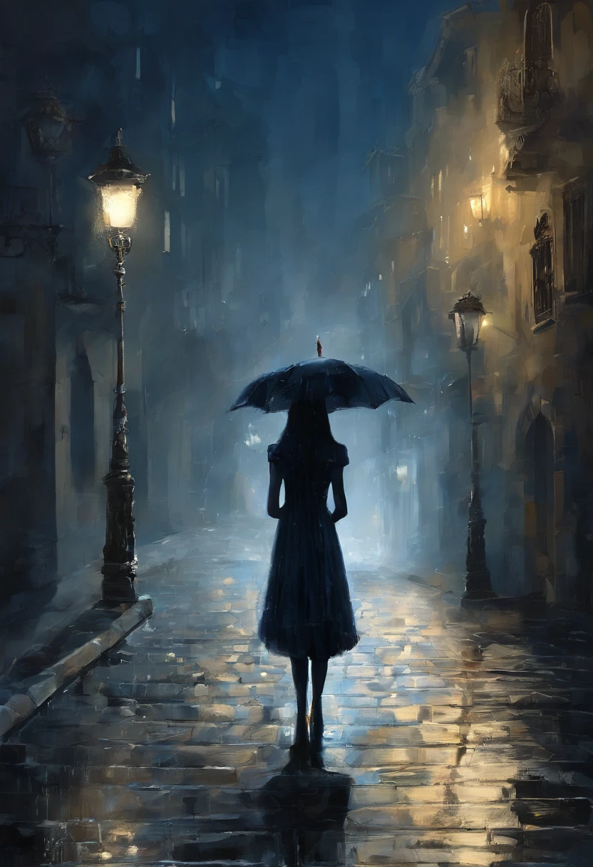 Create a painting that captures the profound loneliness of a solitary figure in a nocturnal urban setting. Use shades of blue and gray to convey the feeling of sadness and isolation. Make the figure curved, olhando para baixo, with her shoulders slumped and rain falling around her. Deixe transparecer a saudade e a melancolia no rosto da figura, and make the cityscape in the background look desolate and empty, with tall buildings and elongated shadows. The work should evoke a deep sense of despair and the loneliness of city life."