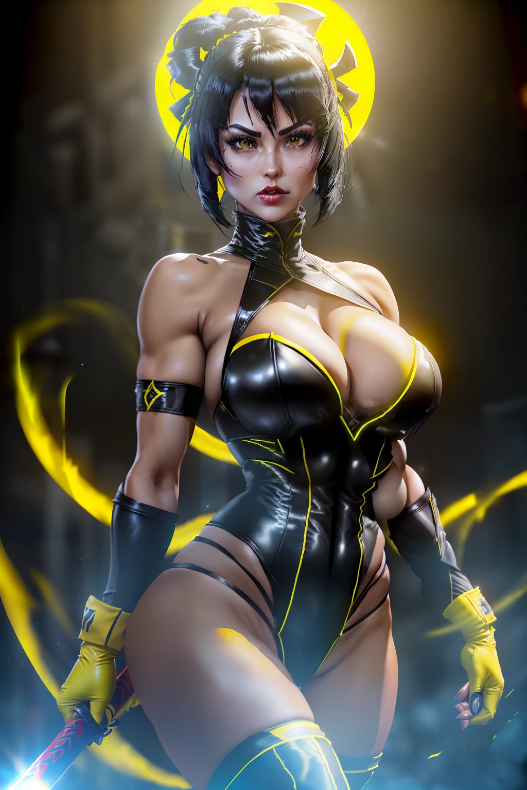 ((Tanya from mortal kombat series))(she has big glowing eyes)(red lips) (short straight black hair)((very huge breasts)) (tanned skin) (perfect slim body) (she wears yellow outfit, long yellow gloves, long yellow stocking, face mask) (hold on hand small katana) (inside dark temple) (high definition, volumetric lights and dinamic shadows)((masterpiece))(8k)(perfect face)(ultra details) (perfect hands, eyes, and face)