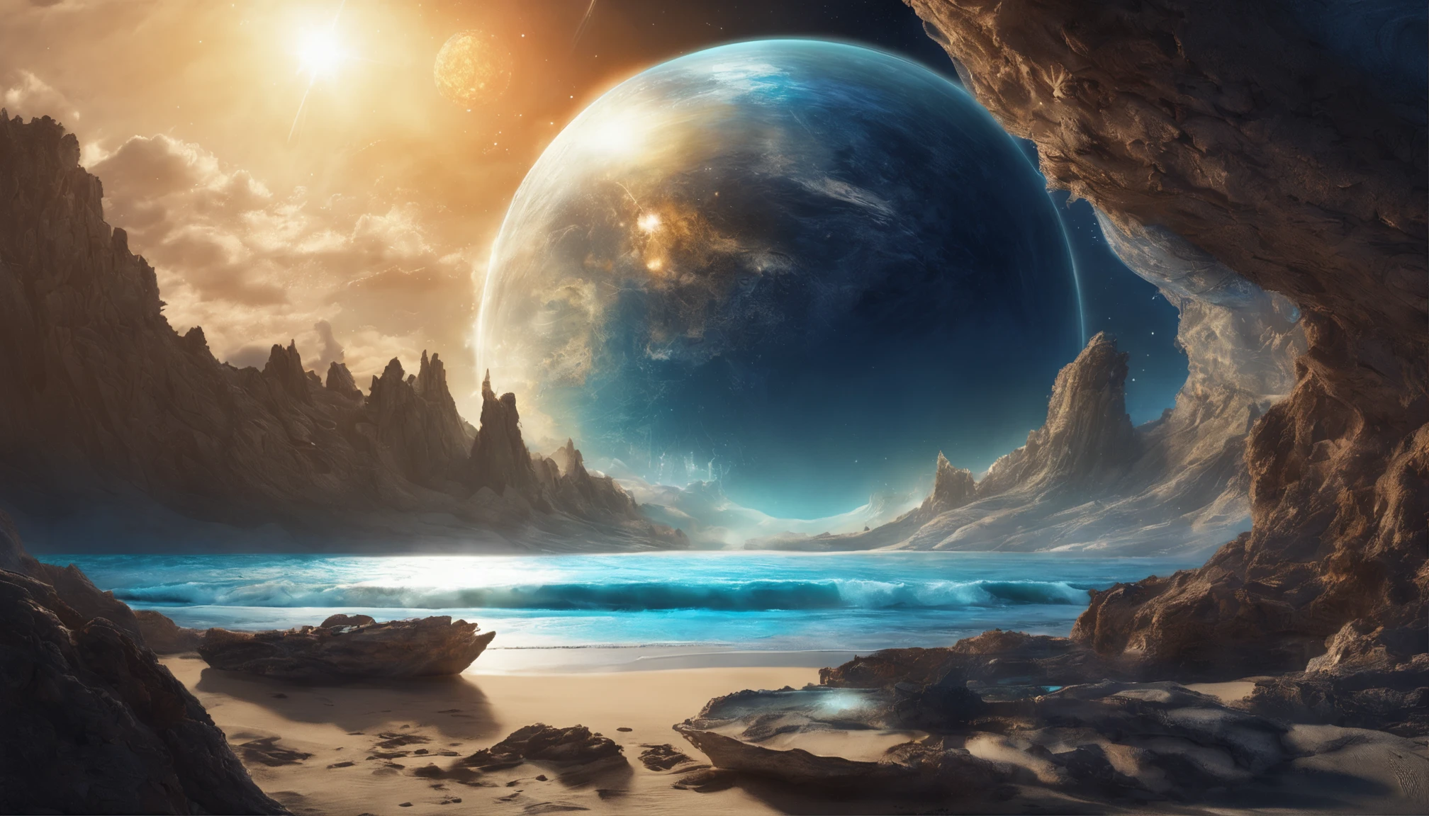 huge planet, the night, starrysky, surrealism, masutepiece, hight resolution、Impressive Milky Way:1.9、sand beach、Vast blue ocean、Blue Waves、Blue glacier、lightning bolt:1.9、Protoplanets、pure beauty
