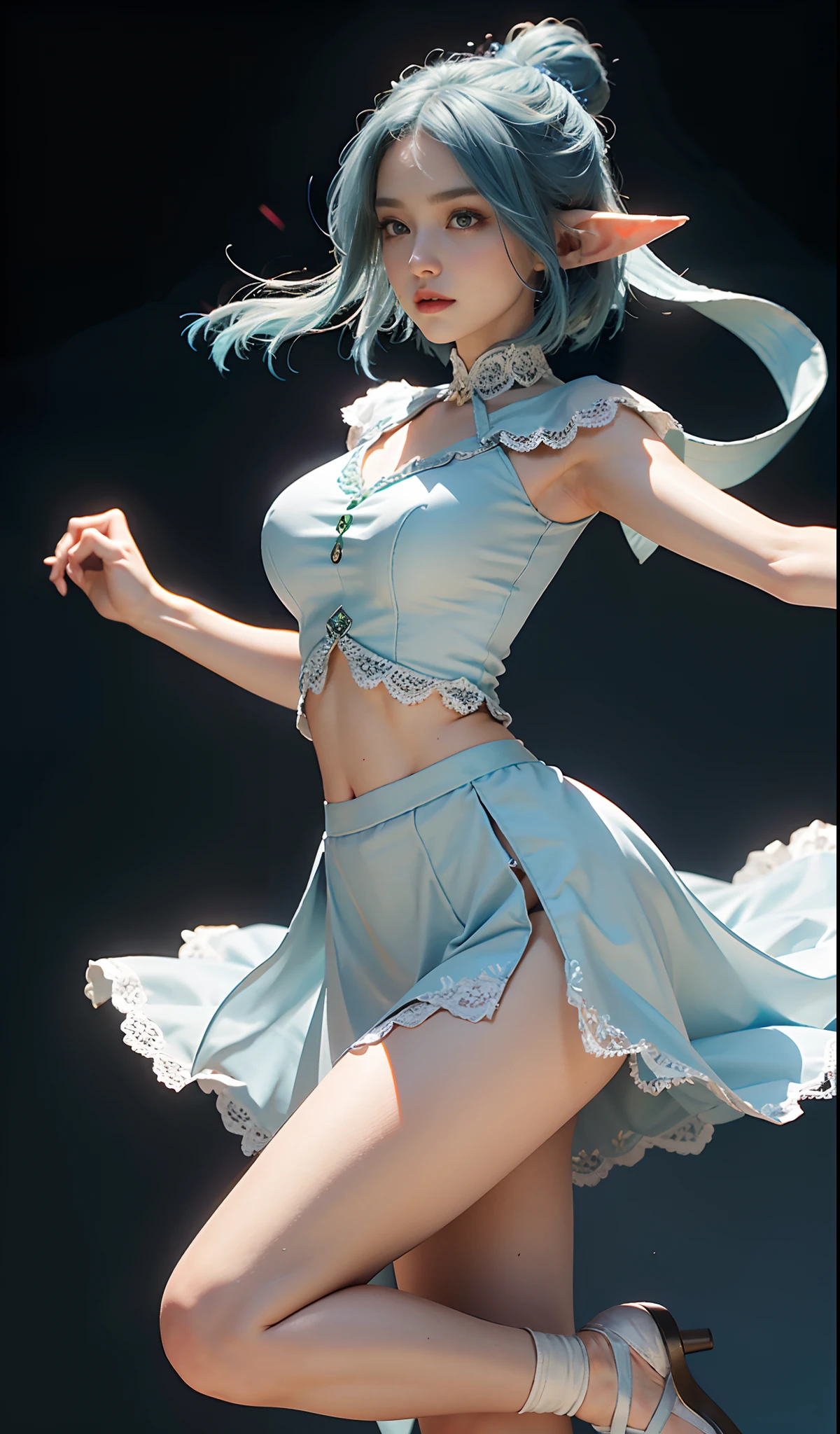 (Realistic:1.5), (breathtaking), atmospheric perspective, diffusion, lifelike skin texture, DSLR, 80mm Sigma f2, depth of field, film grain, intricate natural lighting, gorgeous sexy woman, (adult:0.7), pleasure, (Aqua, Kono Suba style), blue eyes, light azure layered hair, full length photo, ultra short blue skirt hiding nothing, very small tight body top, perfect body, side-bottom view, detailed background, detailed face, (mysterious dark theme:1.1), smile, backlighting, magical atmosphere, looking to camera, hyperrealism, soft light, lucid colours, (sharp:1.2), (intricate details:1.1), hdr, bokeh