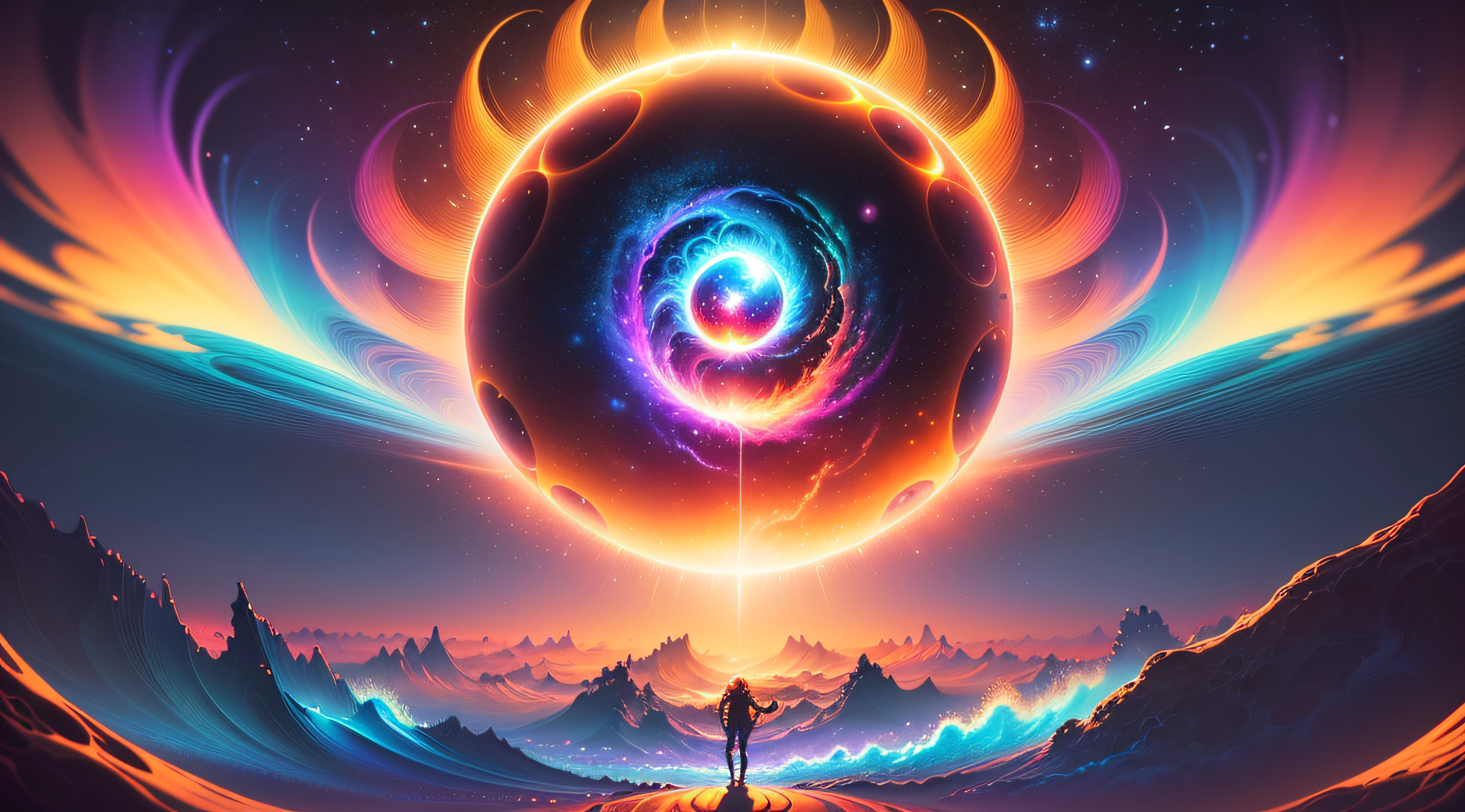 A super saiyan gorilla standing on a sun shaped object in the sky and dreaming of electric blackholes, blurry and dreamy illustration, calm night. Digital illustration, Blurred and dreamlike illustration, Amédée Ozenfant, dreamlike illustration, in astral universe)) ), colorful universe surreal ethereal, in cosmic realm, in surreal dreamy landscape, light shadows, waves, multiple layers, Foreground, vista, fractal thunder Dan Mumford, Dan Mumford and Alex Gray style, psychedelic surreal art, surreal psychedelic design, fantasy art style, illusion psychedelic art, infinite psychedelic waves , inspired by Cyril Rolando, real ripple structure, psychedelic art style, psychedelic art, psychedelic illustration -- V6, colorful neon colors.