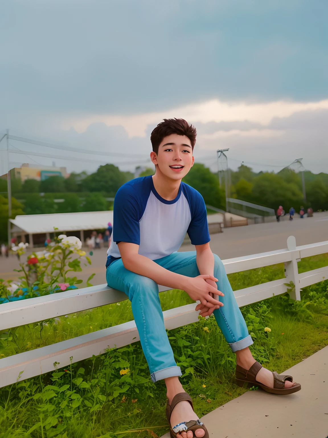 Gorgeous 25-year-old boy in an amusement park, happy, broad shoulders, clear focus (clutter - house: 0.8), (masterpiece: 1.2) (Realistic: 1.2) (Bokeh) (Best quality) (Detailed skin: 1.3) (Intricate details) (8K) (Detail eyes) (Sharp focus), (Happy)
