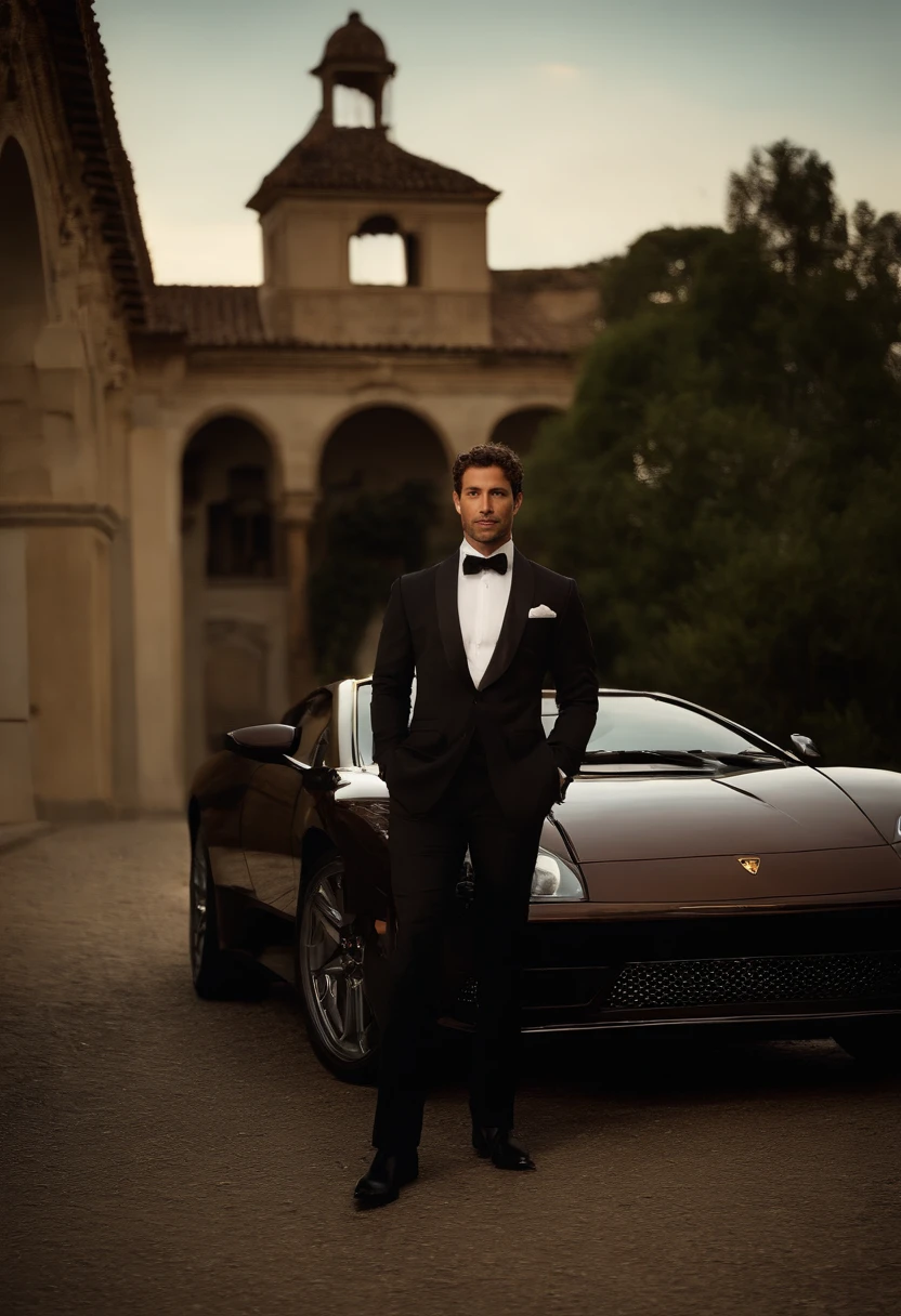 cuerpo completo de ferruccio lamborghini, Retrato en primer plano de foto gran angular del cuerpo de un hombre guapo , Alto y en forma, (40 year old:1.1), (Afeitado:1.2) , (very short brown hair and a little curly:1.5),(pelo muy corto:1.6). (Traje ajustado en terciopelo azul oscuro:1.3). (posing outside the mansion with a Lamborghini 350 GT:1.1),cold dark sunset at dusk, (Luz de borde:1.1),(Enfoque en los ojos), (Mirada orgullosa), (luz dura en la piel:1.2), (Sombras duras, dark themed, Contraste profundo:1.1), (portrait photography by Annie Liebovitz), Dark mint theme and choral aesthetics, (imperfecciones de la piel)