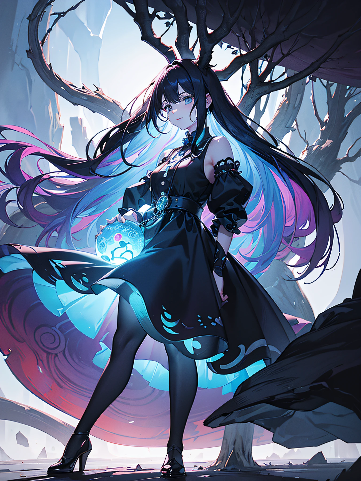 Alice in Wonderland, Cheshire cat with a translucent devilish smile, Alice with long hair, moving hair, tattoo on her body, medium breasts, BREAK, scenes with sinister trees where the branches are braided, perfect reflections, giant mushrooms, a lot very black purple, bipedal rabbit holding a pocket watch and wearing a blue button-down shirt, (ultra-realistic), {extremely detailed 8k CG unit wallpaper}, expansive landscape photography, (a centered view that prioritizes the character and the setting, (wide open field view), (low angle shot), (high light: 1.5), (low light: 1.5), (warm light source: 1.5), complex details, (iridescent colors : 1.2), (bright lighting), (atmospheric lighting), surrealist, dreamy, landscape, photography