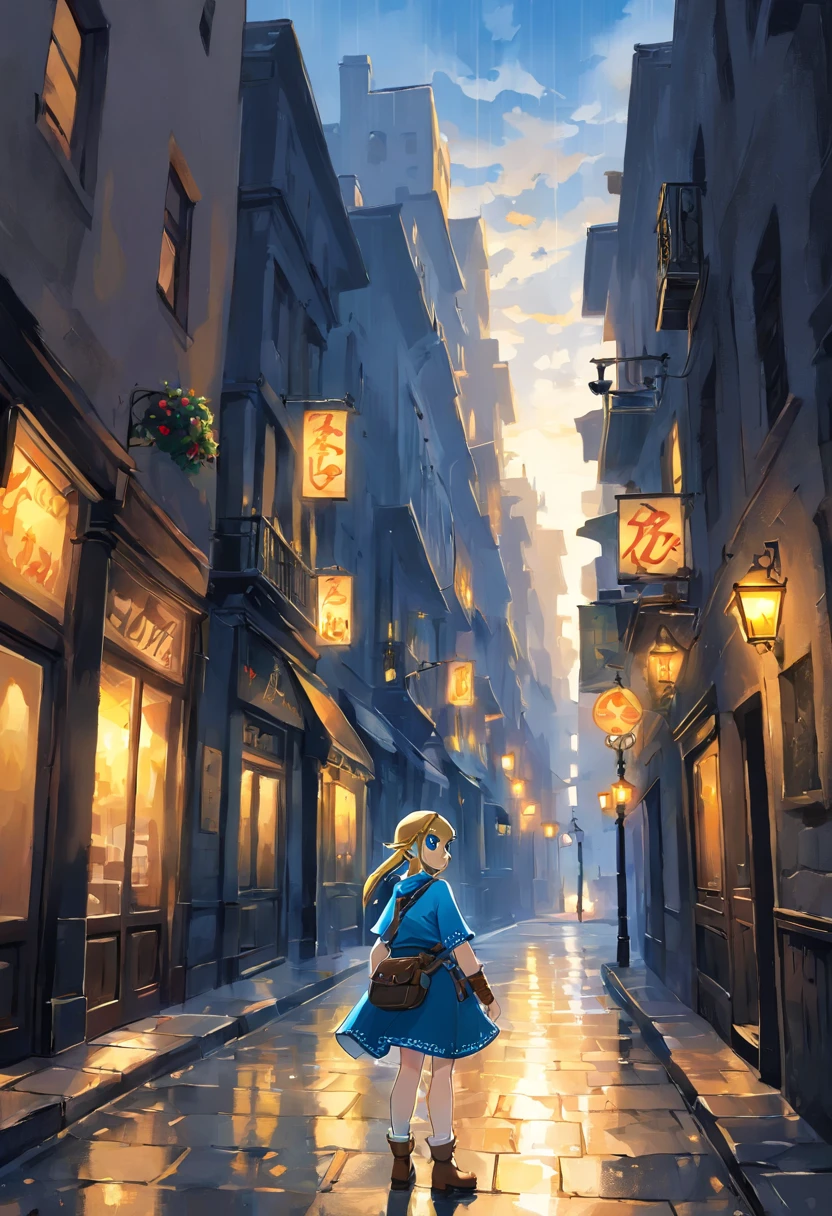 Create a painting that captures the profound loneliness of a solitary figure in a nocturnal urban setting. Use shades of blue and gray to convey the feeling of sadness and isolation. Make the figure curved, olhando para baixo, with her shoulders slumped and rain falling around her. Deixe transparecer a saudade e a melancolia no rosto da figura, and make the cityscape in the background look desolate and empty, with tall buildings and elongated shadows. The work should evoke a deep sense of despair and the loneliness of city life."