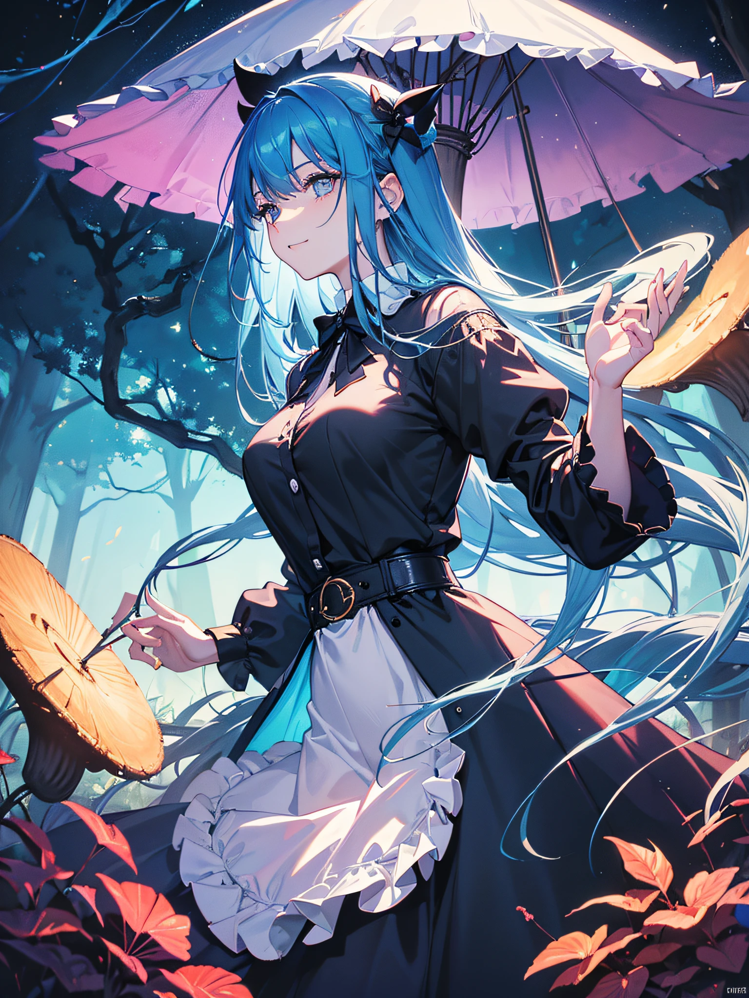 Alice in Wonderland, Cheshire cat with a translucent devilish smile, Alice with long hair, moving hair, tattoo on her body, medium breasts, BREAK, scenes with sinister trees where the branches are braided, perfect reflections, giant mushrooms, a lot very black purple, bipedal rabbit holding a pocket watch and wearing a blue button-down shirt, (ultra-realistic), {extremely detailed 8k CG unit wallpaper}, expansive landscape photography, (a centered view that prioritizes the character and the setting, (wide open field view), (low angle shot), (high light: 1.5), (low light: 1.5), (warm light source: 1.5), complex details, (iridescent colors : 1.2), (bright lighting), (atmospheric lighting), surrealist, dreamy, landscape, photography