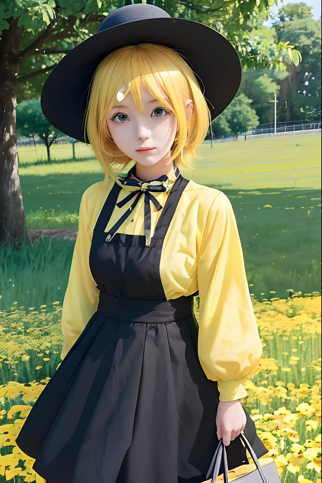 1girl, , , masterpiece, best quality, 10 years old, medium blonde hair, forehead visible bags, yellow eyes, hat, heart, black headwear, puffy short sleeves, log black skirt, heart hads,,1girl, solo, yellow eyes, yellow hair, bow, hat bow, socks, black footwear, black skirt, short sleeves, yuki (touhou), black vest, white sleeves, frill skirt, light smile