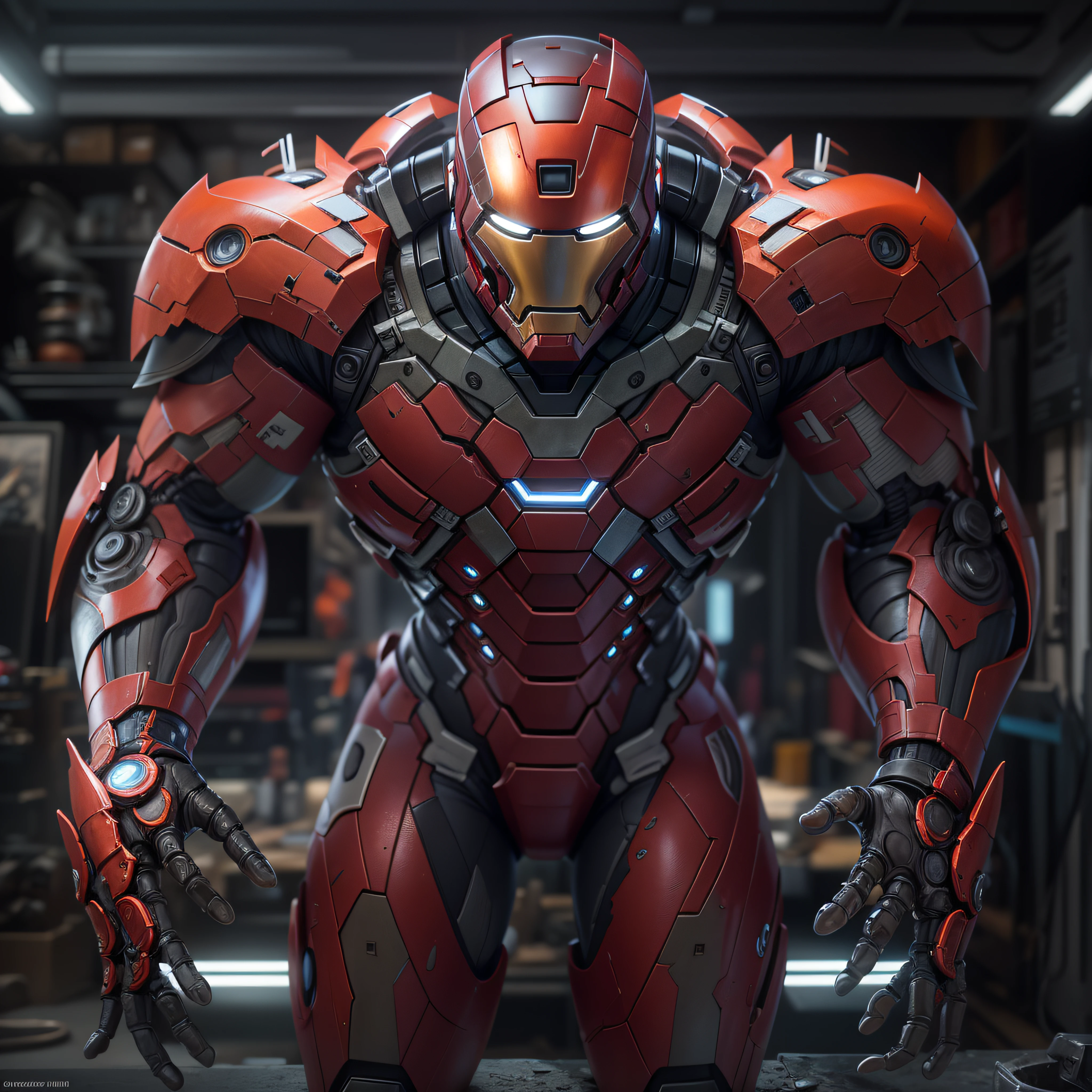 Superior Marvel's Iron Man photography, biomechanical, Complex Robot, Full growth, hyper realistic, Crazy little details, extremely clean lines, Cyberpunk aesthetic, Masterpiece featured at Zbrush Central. His armor is pure Orange chrome titanium, a futuristic masterpiece of sci-fi, glowing under the soft studio light. The suit's details are meticulously designed, with a level of detail worthy of an ArtStation digital painting. The contrast of the armor with the armory vault creates a very beautiful and elegant composition. The Nikon Z7 camera model has allowed capturing the minutest details, with its Nikon AF-S NIKKOR 70-200mm f/2.8E FL ED VR lens and configuration of f/4 aperture, 1/60 speed and ISO 200. The dramatic lighting and smooth, sharp focus are testament to the wonders that modern camera technology can achieve. The image has been processed with a –s 6000 rendering, resulting in a visually impressive finish –chaos 60 (aspect ratio 1:1) –w 1920 –h 1920, photo-realistic, octane render, unreal engine, ultra-realistic