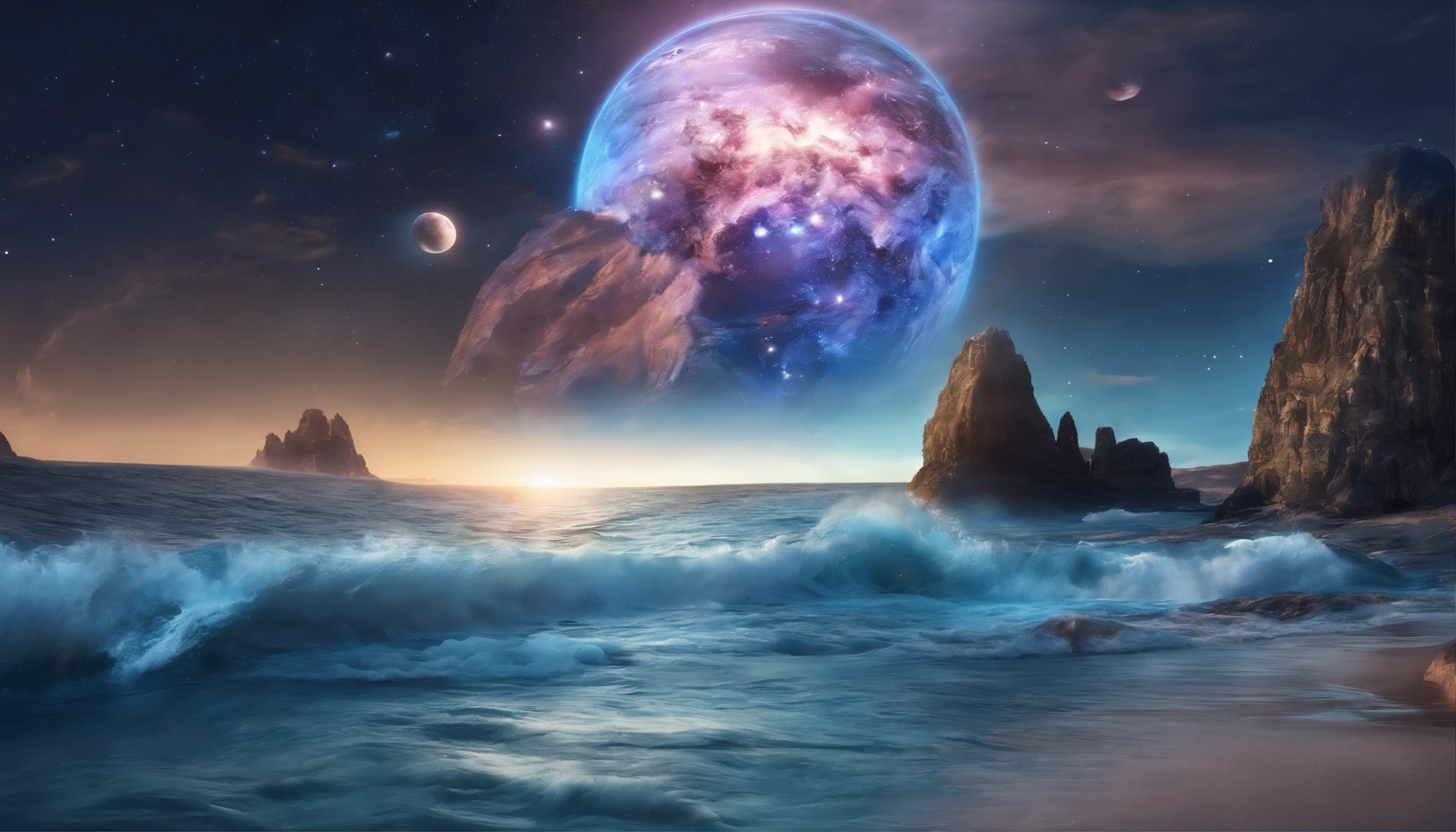 huge planet, the night, starrysky, surrealism, masutepiece, hight resolution、Impressive Milky Way:1.9、sand beach、Vast blue ocean、Blue Waves、Blue glacier、lightning bolt:1.9、Protoplanets、pure beauty