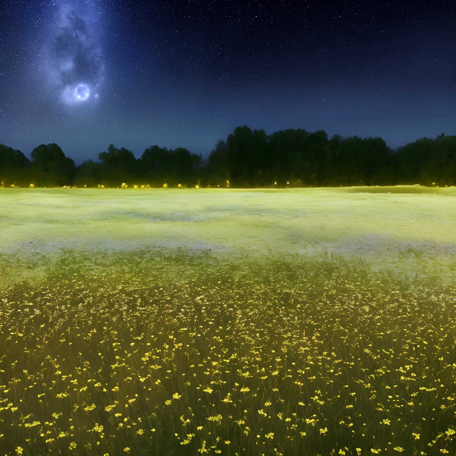 Campo de flores na pradaria, Night of clear and starry sky with full moon, lindissima imagem, 8k, sharper, riqueza de detalhes, ..RAW, flat image with sky and meadow in background, profundidade de campo