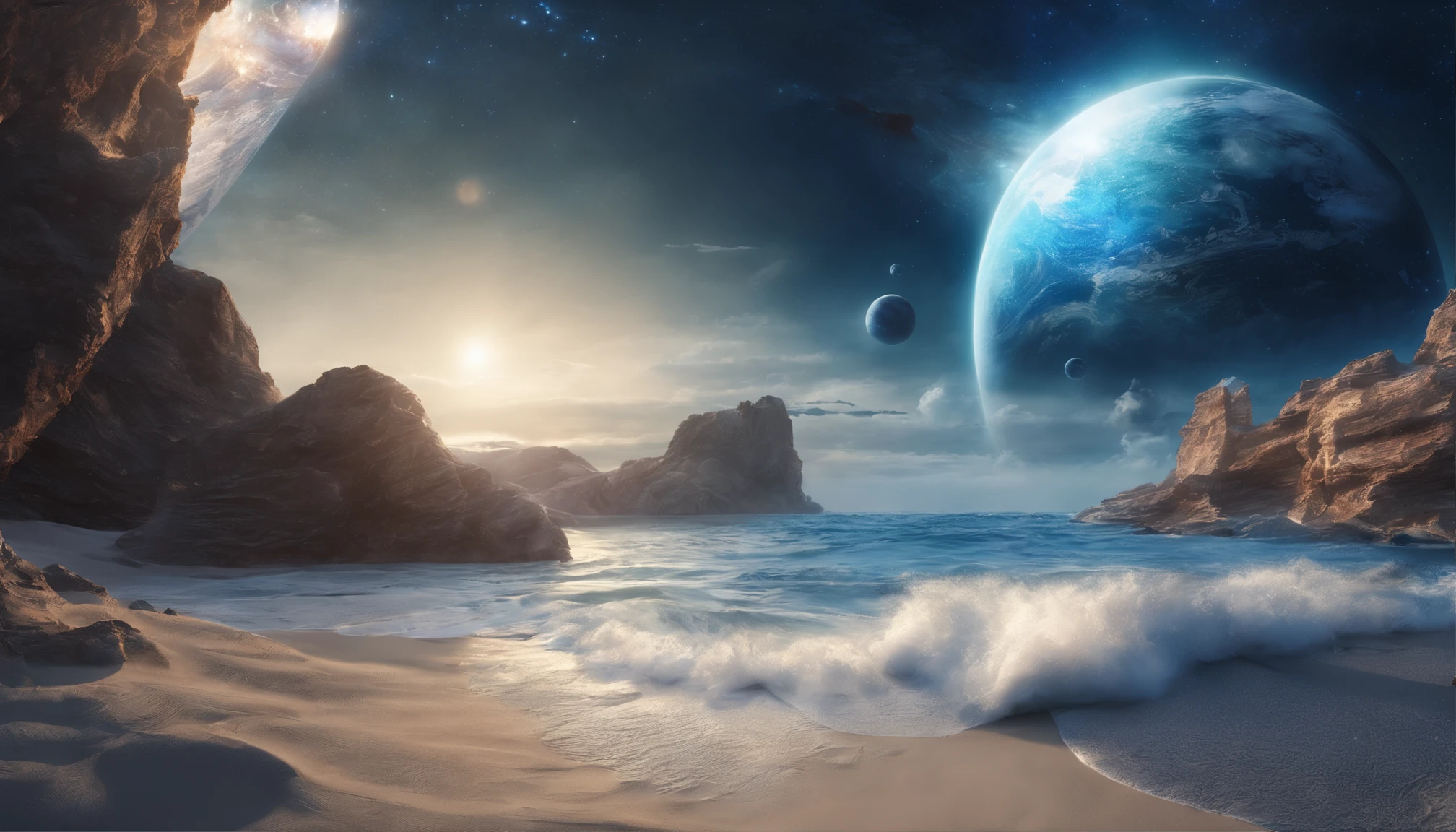 huge planet, the night, starrysky, surrealism, masutepiece, hight resolution、Impressive Milky Way:1.9、sand beach、Vast blue ocean、Blue Waves、Blue glacier、lightning bolt:1.9、Protoplanets、pure beauty