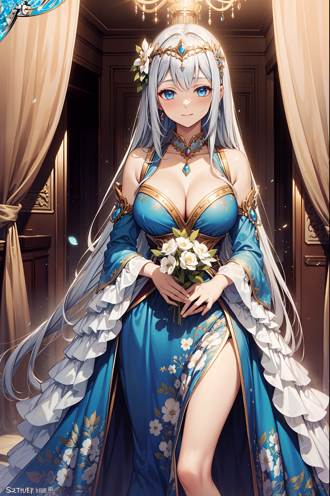 saints,Enchanted,having fun,Being in love,Court princess dress,super ultra detail,silber hair,eBlue eyes,(exquisite costumes:1.3),Movie lighting,dark blue stripes,Ruffles,Lace,jewelry,Floral decoration,Fabric and metal headdress,inside in room,solo person,