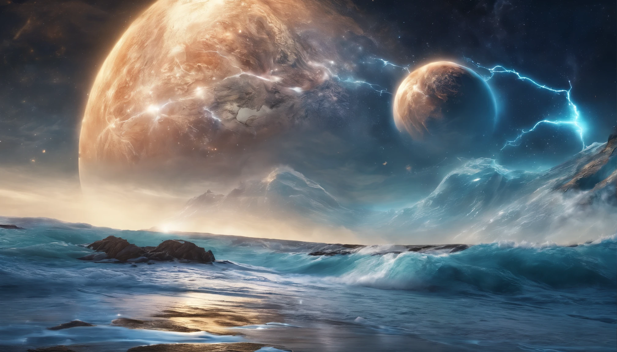 huge planet, the night, starrysky, surrealism, masutepiece, hight resolution、Impressive Milky Way:1.9、sand beach、Vast blue ocean、Blue Waves、Blue glacier、lightning bolt:1.9、Protoplanets、pure beauty
