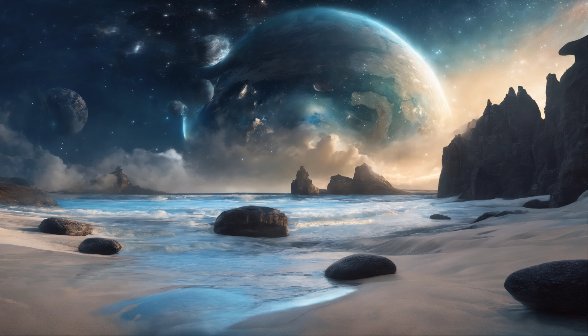 A view of a beach with rocks and a planet in the background - SeaArt AI