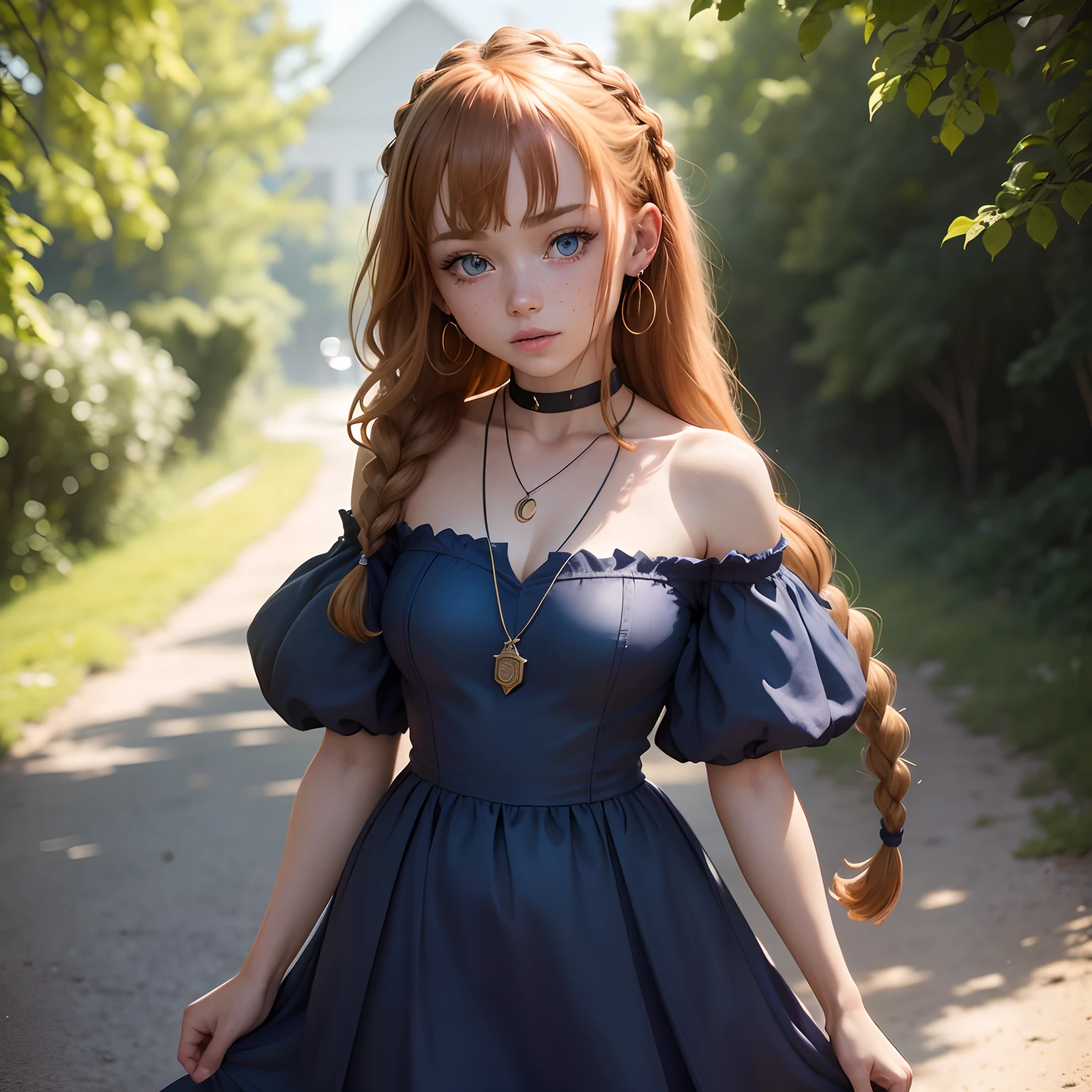 Sadie Sink, In the Lavate Movie, by Valerian Volochik, ??????, 1girl in, Blue_Eyes, Blurry, Blurry_Background, braid, Choker,?????,Depth_In the_field, Dress, earrings, Eyelashes, hitornfreckles, hair_Over_Shoulder, Jewelry, Lips, long_hair, long_sleeves, up looking_で_viewer, Necklace, Pendants,barechested, Realistic, Single_braid, Solo, twin_Braids, The upper part of the body_Body,Happy,Chest exposed,