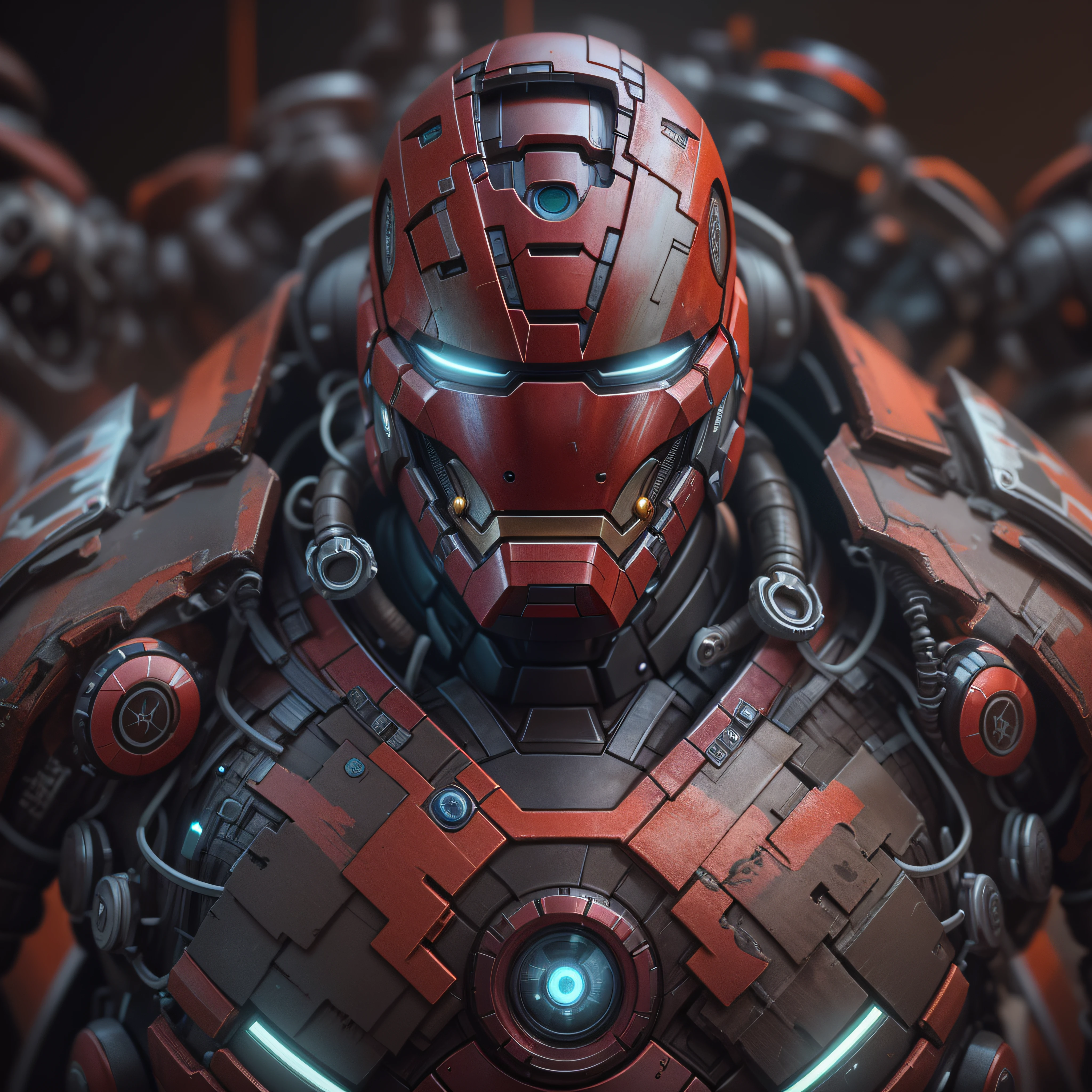 Superior Marvel's Iron Man photography, biomechanical, Complex Robot, Full growth, hyper realistic, Crazy little details, extremely clean lines, Cyberpunk aesthetic, Masterpiece featured at Zbrush Central. His armor is pure Orange chrome titanium, a futuristic masterpiece of sci-fi, glowing under the soft studio light. The suit's details are meticulously designed, with a level of detail worthy of an ArtStation digital painting. The contrast of the armor with the armory vault creates a very beautiful and elegant composition. The Nikon Z7 camera model has allowed capturing the minutest details, with its Nikon AF-S NIKKOR 70-200mm f/2.8E FL ED VR lens and configuration of f/4 aperture, 1/60 speed and ISO 200. The dramatic lighting and smooth, sharp focus are testament to the wonders that modern camera technology can achieve. The image has been processed with a –s 6000 rendering, resulting in a visually impressive finish –chaos 60 (aspect ratio 1:1) –w 1920 –h 1920,   photo-realistic, octane render, unreal engine, ultra-realistic