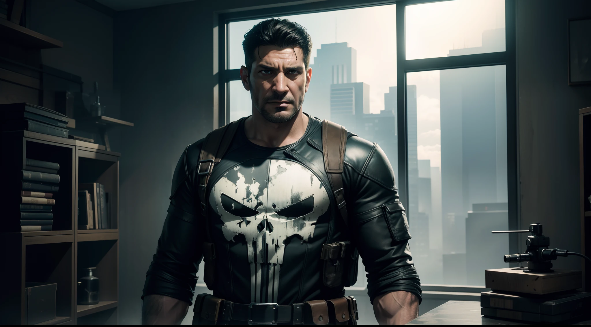 Punisher from Marvel Comics, CGI with clear focus, Photorealistic, high detail, Realistic, Masterpiece, absurdress, Best Quality, HDR, hiquality, hight resolution, Extremely detailed, 8k wallpaper, intricate details, 8K UHD, Full-HD, (foto realista:1.2), Contrast, sharp lighting, Cinematic lighting, natural lighting, hard light, Backlighting, Global Illumination, Environment Occlusion