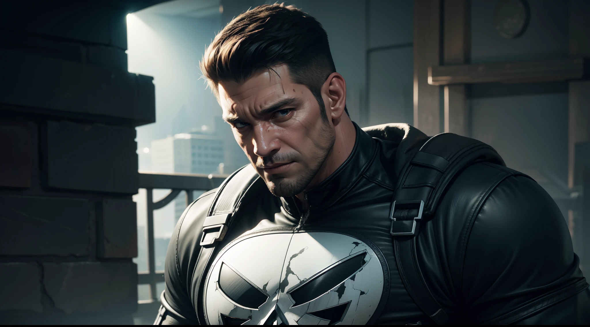 Punisher from Marvel Comics, CGI with clear focus, Photorealistic, high detail, Realistic, Masterpiece, absurdress, Best Quality, HDR, hiquality, hight resolution, Extremely detailed, 8k wallpaper, intricate details, 8K UHD, Full-HD, (foto realista:1.2), Contrast, sharp lighting, Cinematic lighting, natural lighting, hard light, Backlighting, Global Illumination, Environment Occlusion