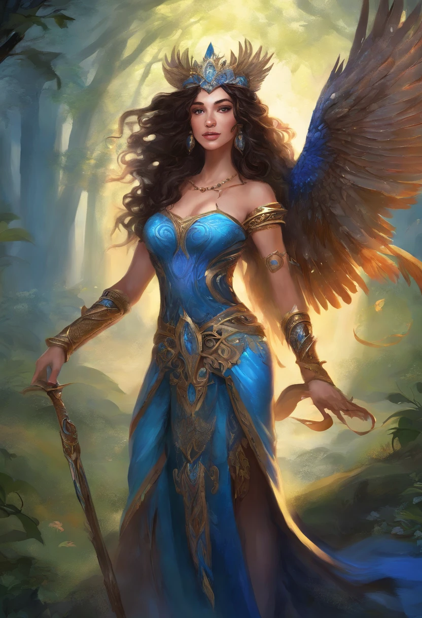 dnd archfey warlock character, feathered siren woman, 25 years, black curly hair, silver blue eyes, blue skin, flower and feathers crown, sleeveless blue tunic, smug face expression, thin lips, black arms tattoos, dark forest background with will-o-wisps, midjourney style