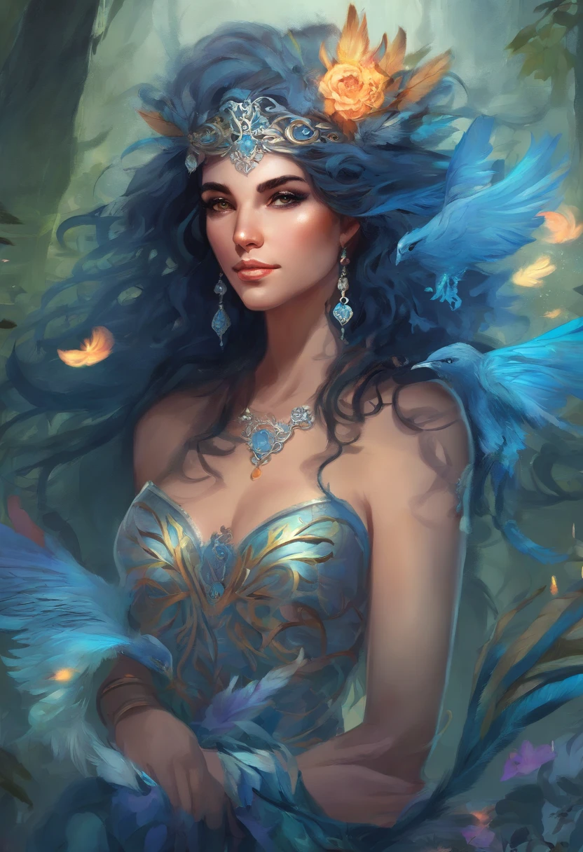 dnd archfey warlock character, feathered siren woman, 25 years, black curly hair, silver blue eyes, blue skin, flower and feathers crown, sleeveless blue tunic, smug face expression, thin lips, black arms tattoos, dark forest background with will-o-wisps, midjourney style