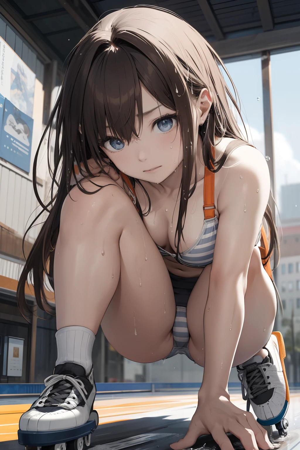The upper part of the body、an oil painting、masterpiece、top-quality、hight resolution、Orange long hair、Orange long hair、shores、Naughty look、White and gray stripes々bra very、White and gray stripes々Panties、Skating roller skates、Female face、Hot face、A slightly troubled look、sweat-wet skin、blue-sky、