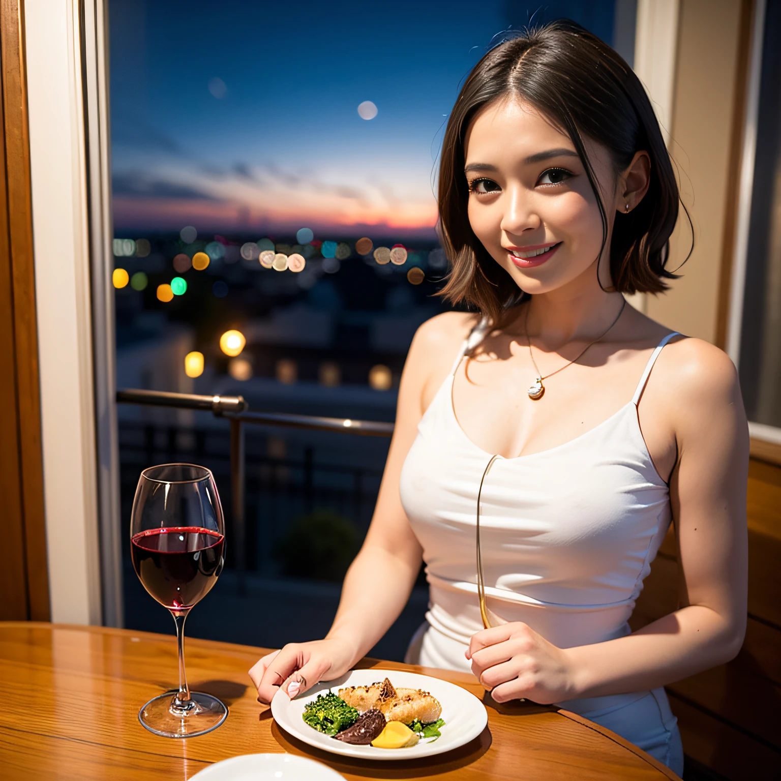 (64K, UHD, top quality, masterpiece: 1.2), (realistic, photorealistic: 1.37), super detailed, pretty woman 1 person, (slim face), (slim body), (brown hair), (short cut), cheeks slightly blushing, (44 years old), 38 years old, solo, beautiful detailed urban night view outside the window, restaurant, wine glasses sit, at night, in a prominent placeNovaFrogStyle, Actress, Model, Waist Up, White Wine, Slim, Wine Glass, Super Clean Night View, Wine Glass Put in the Middle, Happy Smile, (Smile: 1.15), Beautiful Fine Eyes, Upper Body, Bust Japan Up, Night, Short, Short, Actress, Model, Waist Up, White Wine, Slim, Wine Glass, Super Clean Night View, Wine Glass Put in the Middle, Happy Smile,