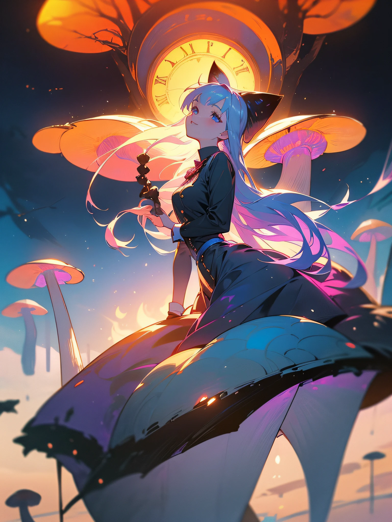 Alice in Wonderland, Cheshire cat with a translucent devilish smile, Alice with long hair, moving hair, tattoo on her body, medium breasts, BREAK, scenes with sinister trees where the branches are braided, perfect reflections, giant mushrooms, a lot very black purple, bipedal rabbit holding a pocket watch and wearing a blue button-down shirt, (ultra-realistic), {extremely detailed 8k CG unit wallpaper}, expansive landscape photography, (a centered view that prioritizes the character and the setting, (wide open field view), (low angle shot), (high light: 1.5), (low light: 1.5), (warm light source: 1.5), complex details, (iridescent colors : 1.2), (bright lighting), (atmospheric lighting), surrealist, dreamy, landscape, photography