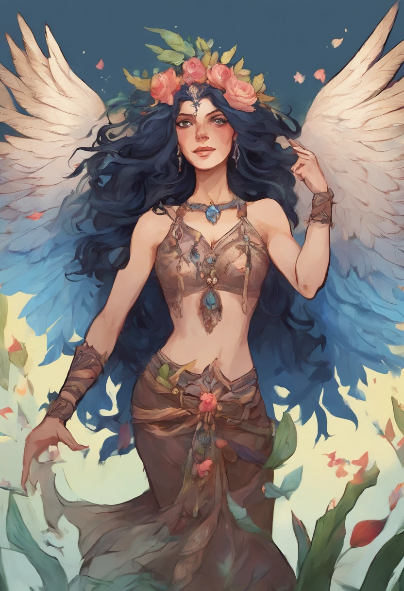 dnd archfey warlock character, feathered siren woman, 25 years, black curly hair, silver blue eyes, blue skin, flower and feathers crown, sleeveless blue tunic, smug face expression, thin lips, black arms tattoos, dark forest background with will-o-wisps, midjourney style